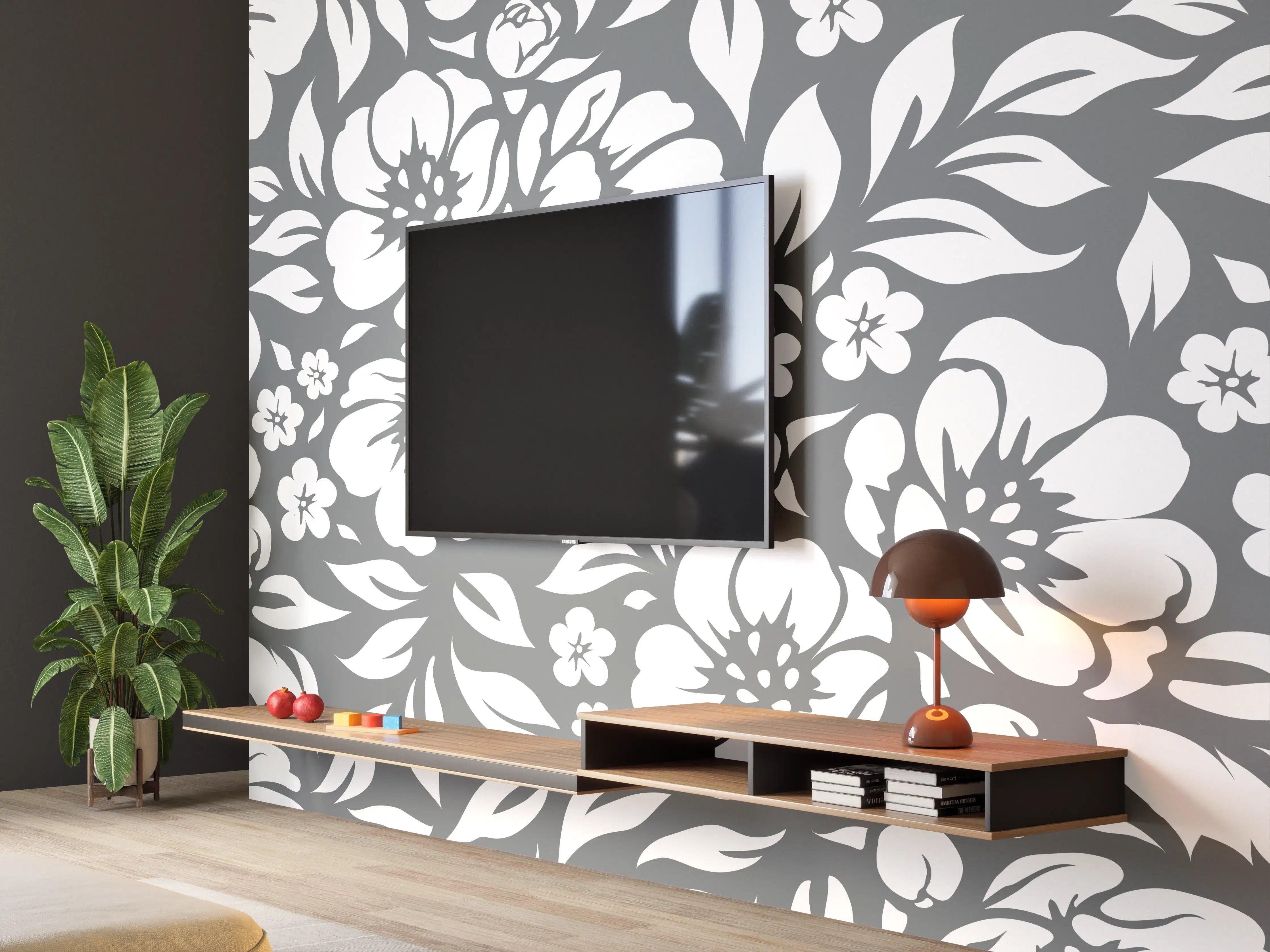 Wandverkleidung Wohnzimmer - Graue Blumenmuster im Weißdesign