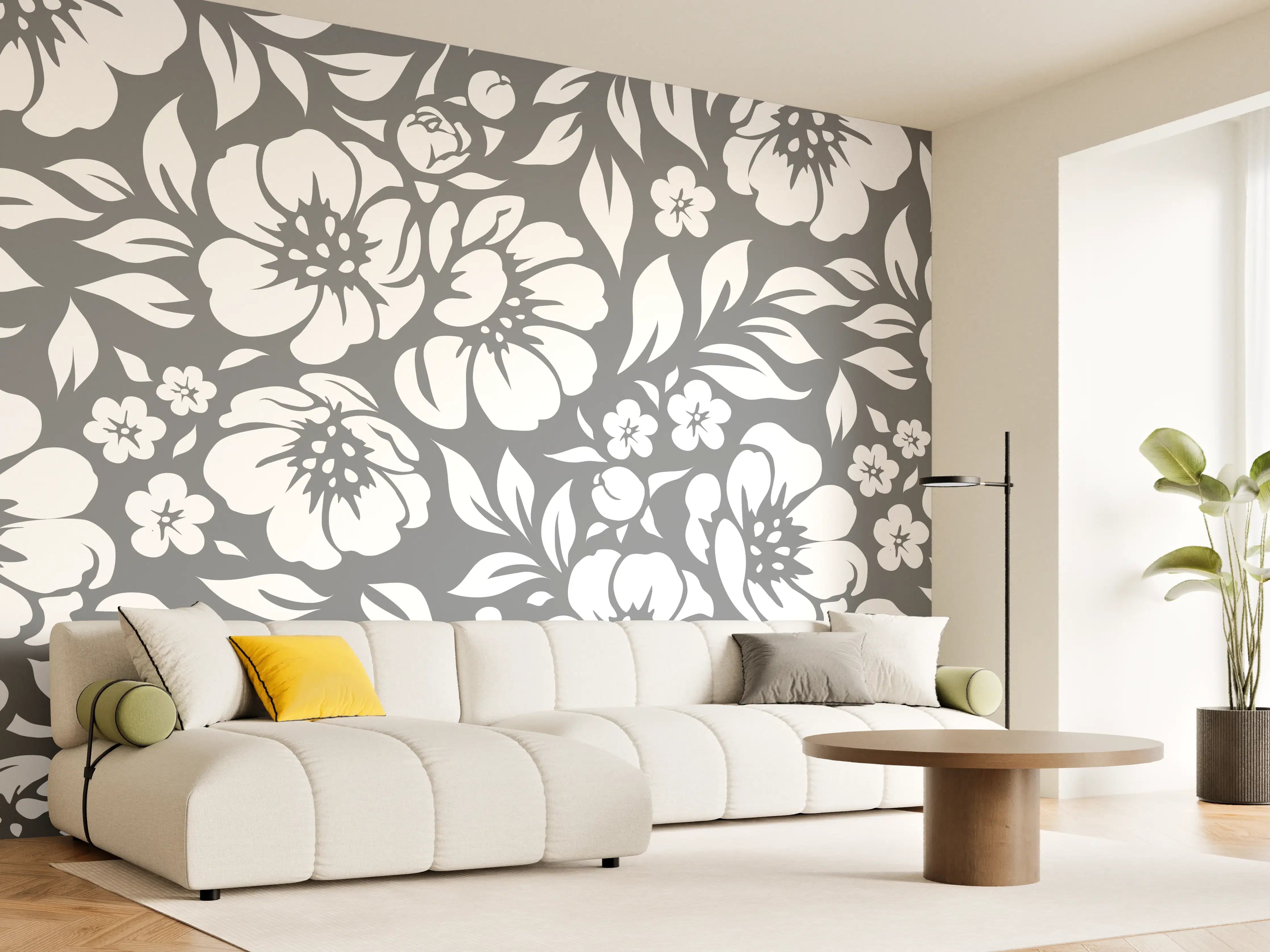 Wandverkleidung Wohnzimmer - Graue Blumenmuster im Weißdesign