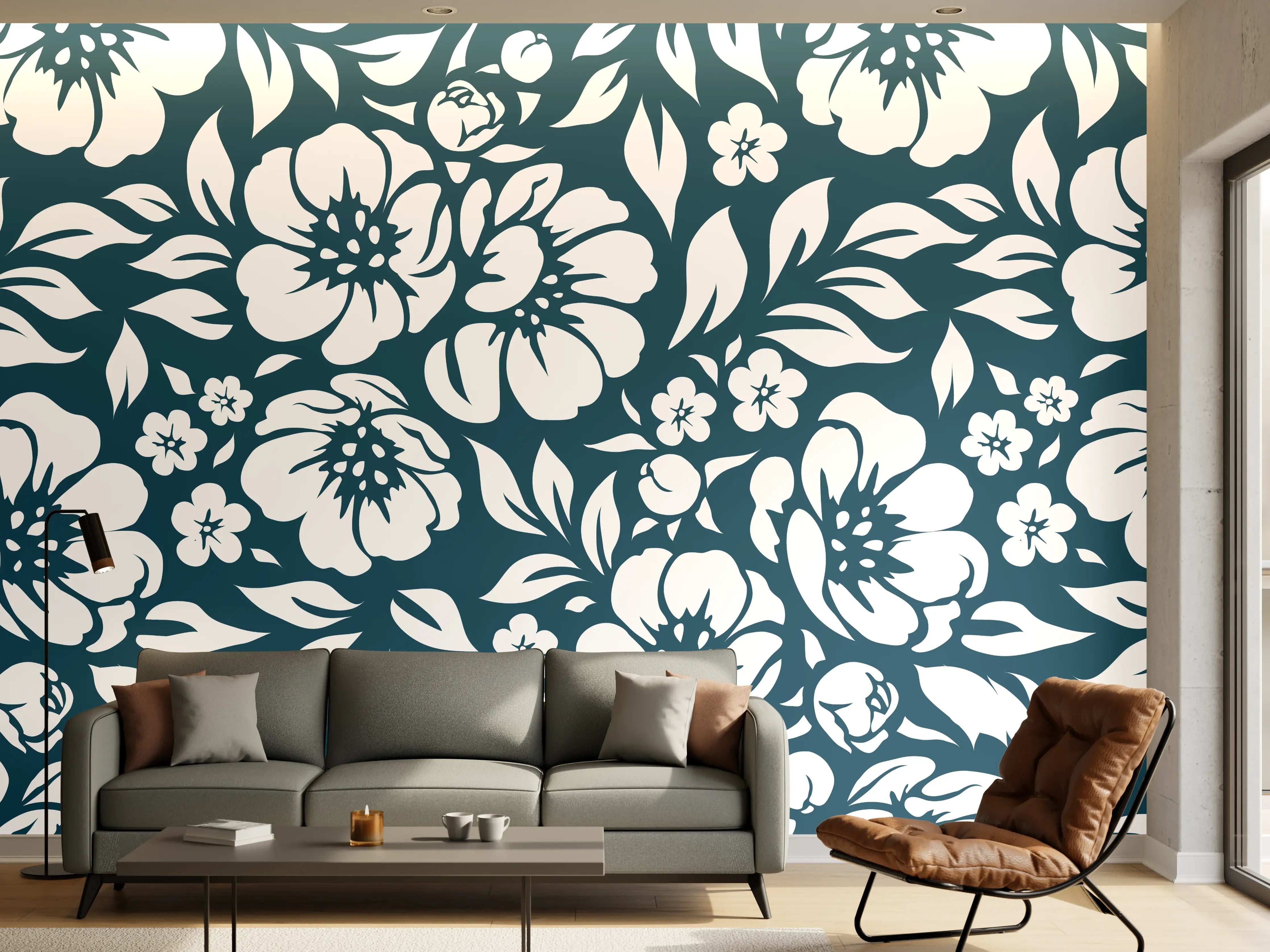 Wandverkleidung Wohnzimmer - Graue Blumenmuster in Blau und Weiß