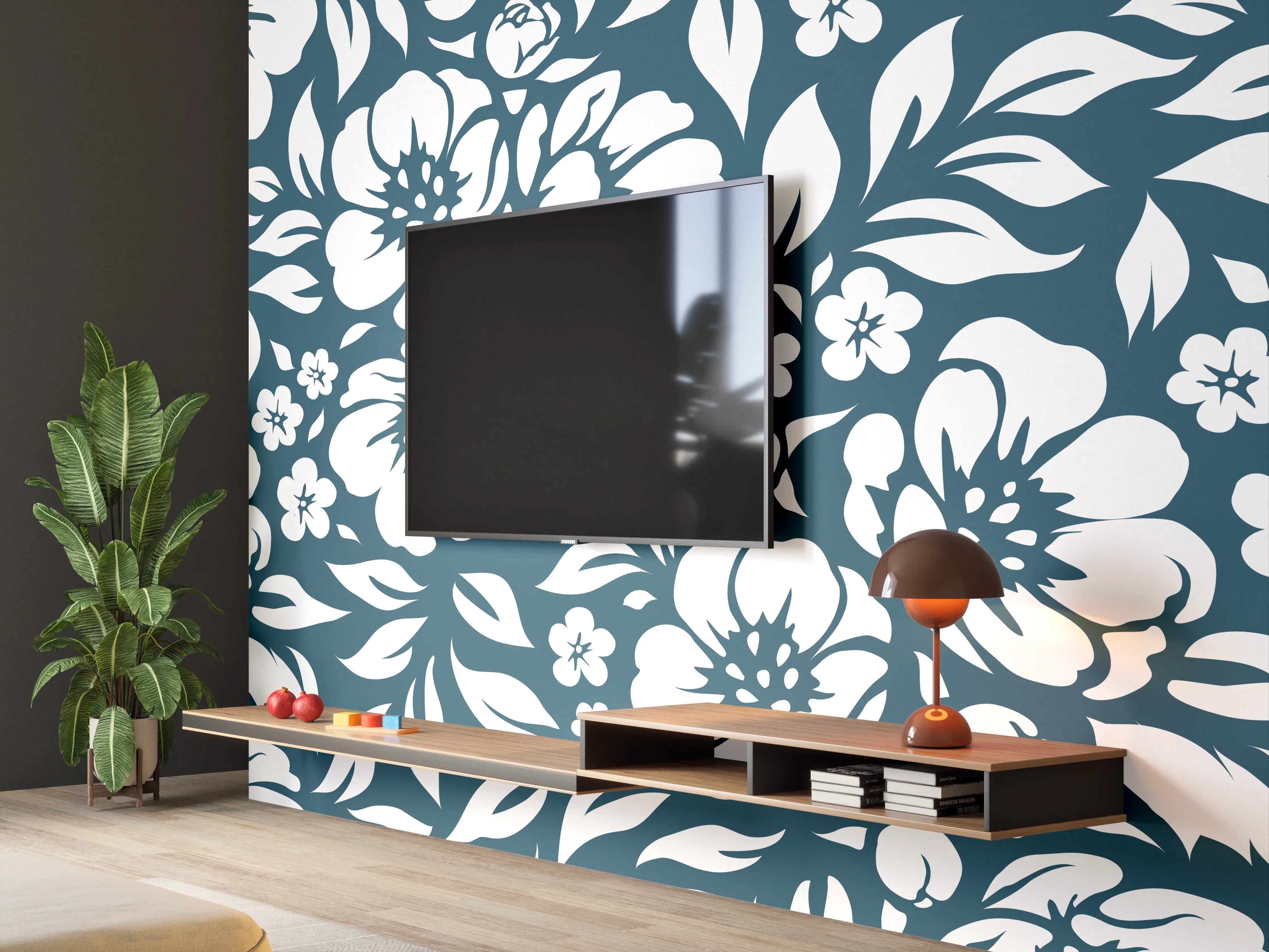 Wandverkleidung Wohnzimmer - Graue Blumenmuster in Blau und Weiß