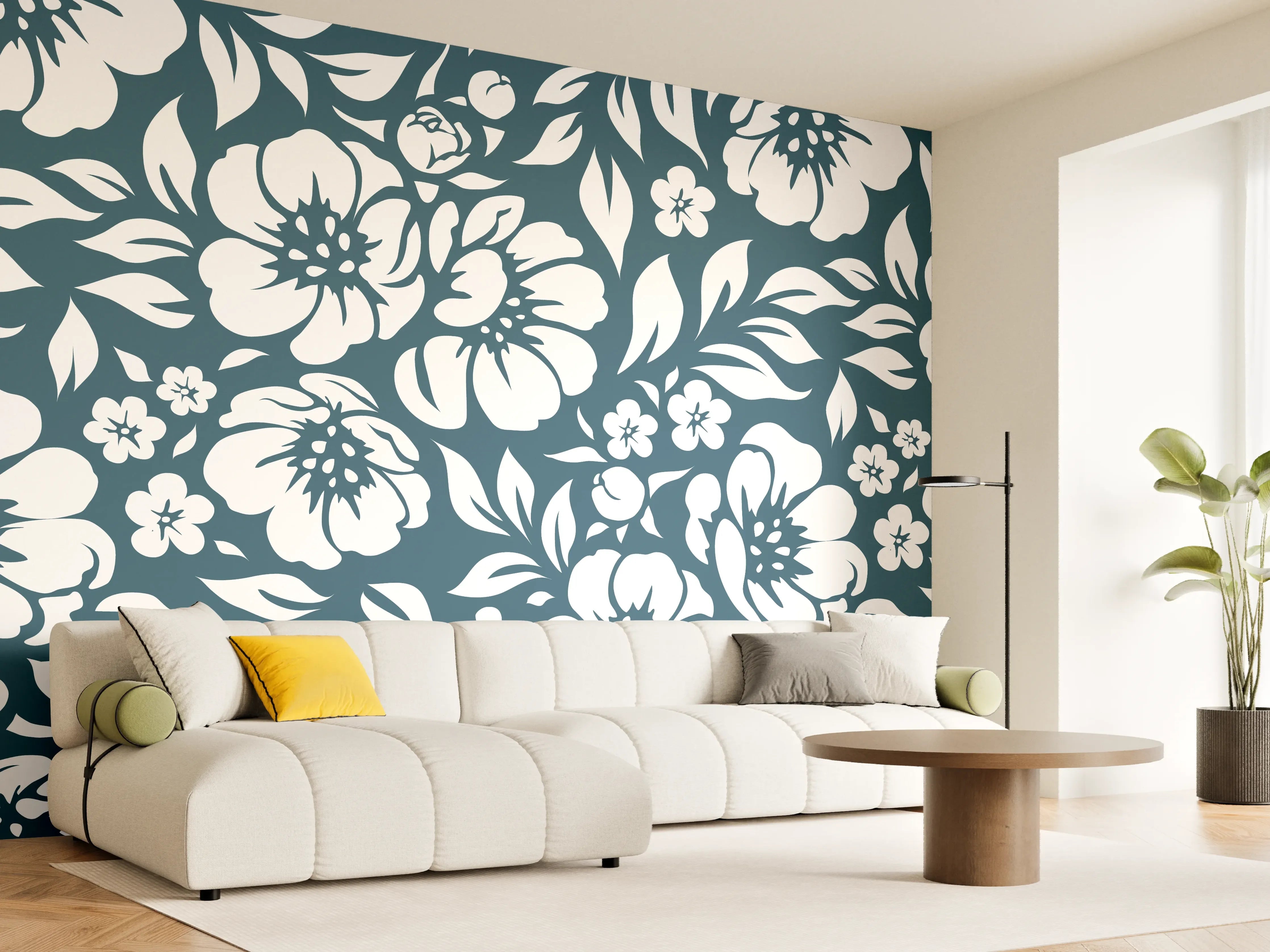 Wandverkleidung Wohnzimmer - Graue Blumenmuster in Blau und Weiß