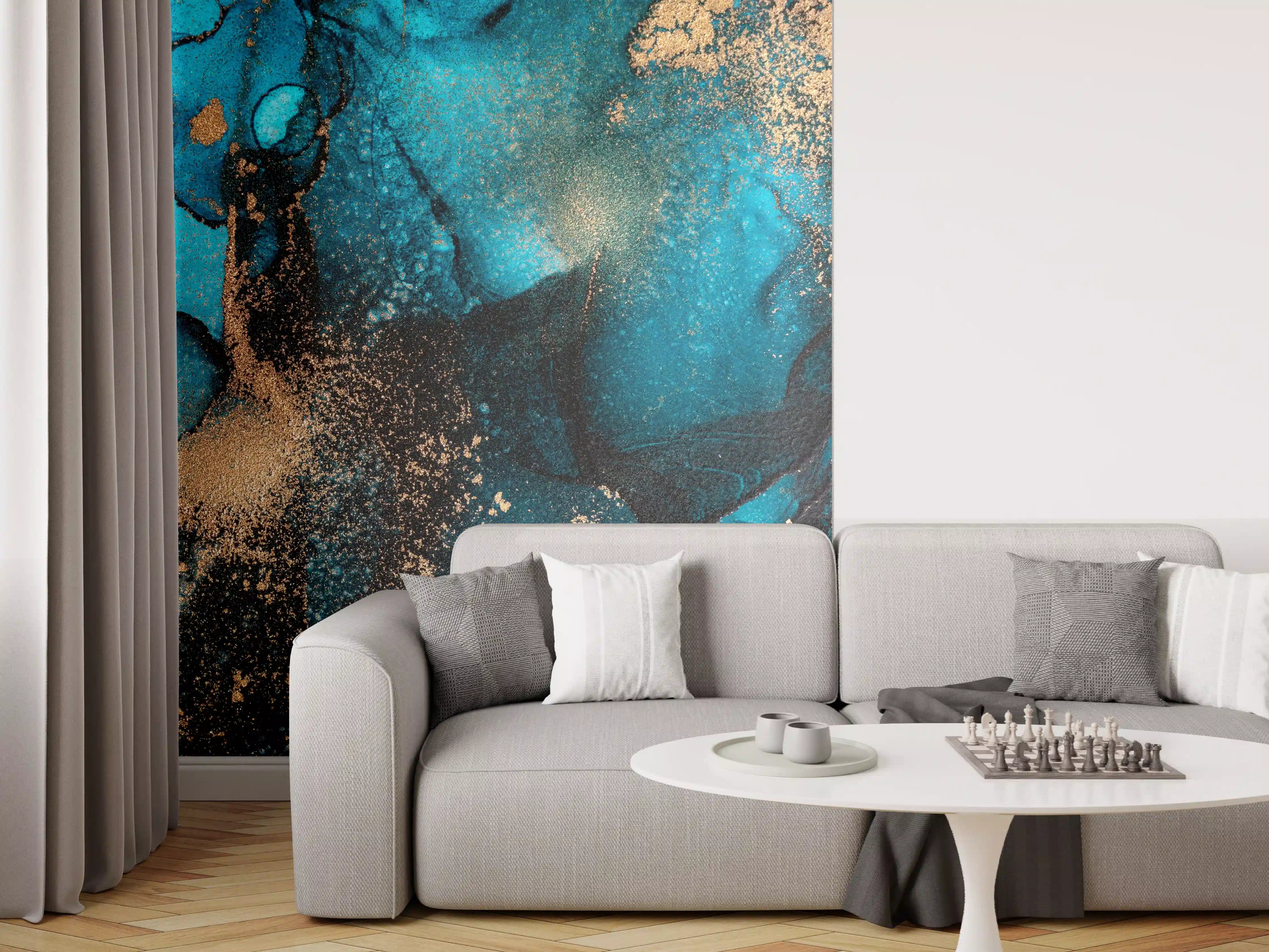 Wandverkleidung Wohnzimmer - Graue Eleganz in Blaugold