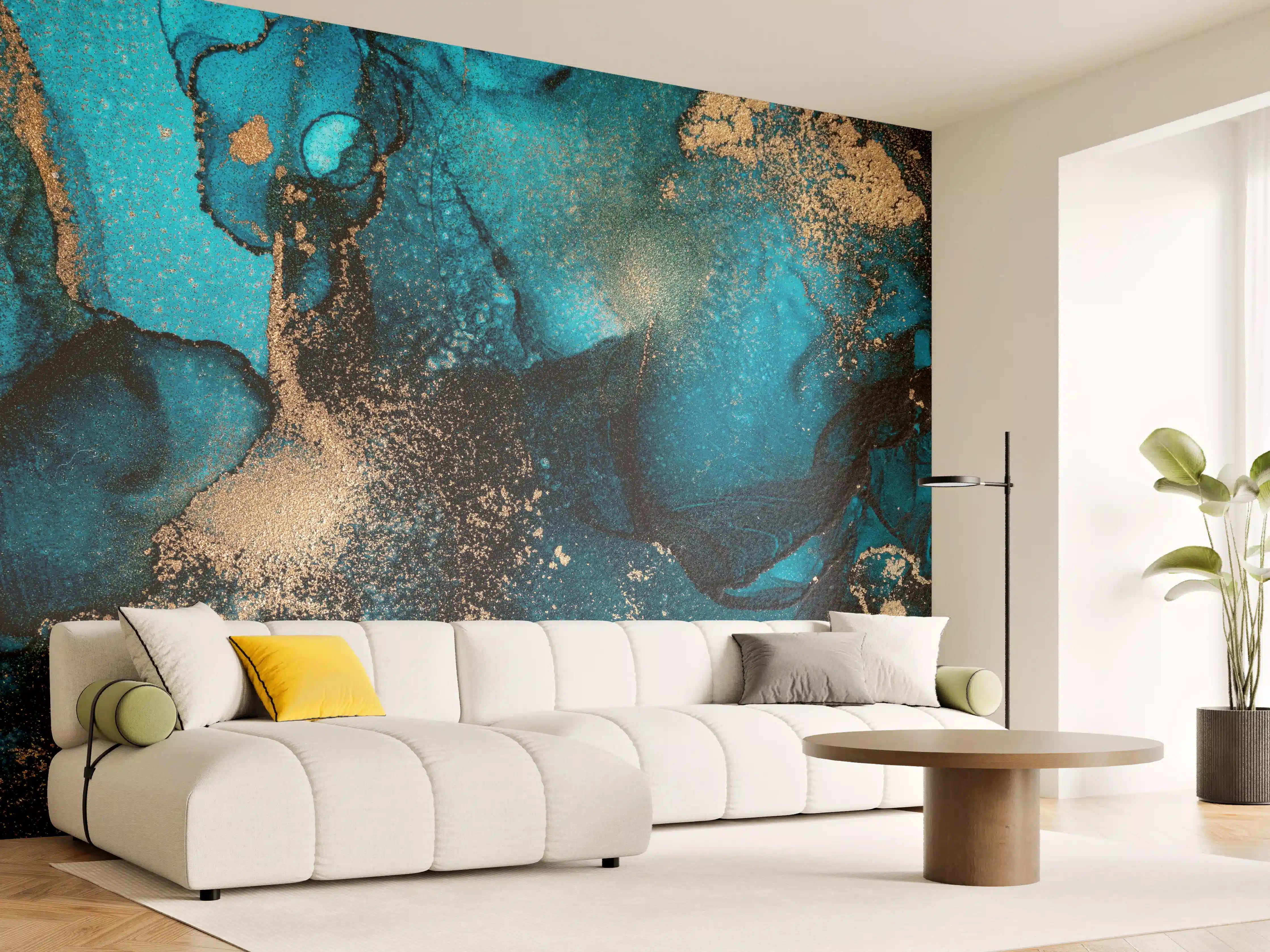 Wandverkleidung Wohnzimmer - Graue Eleganz in Blaugold