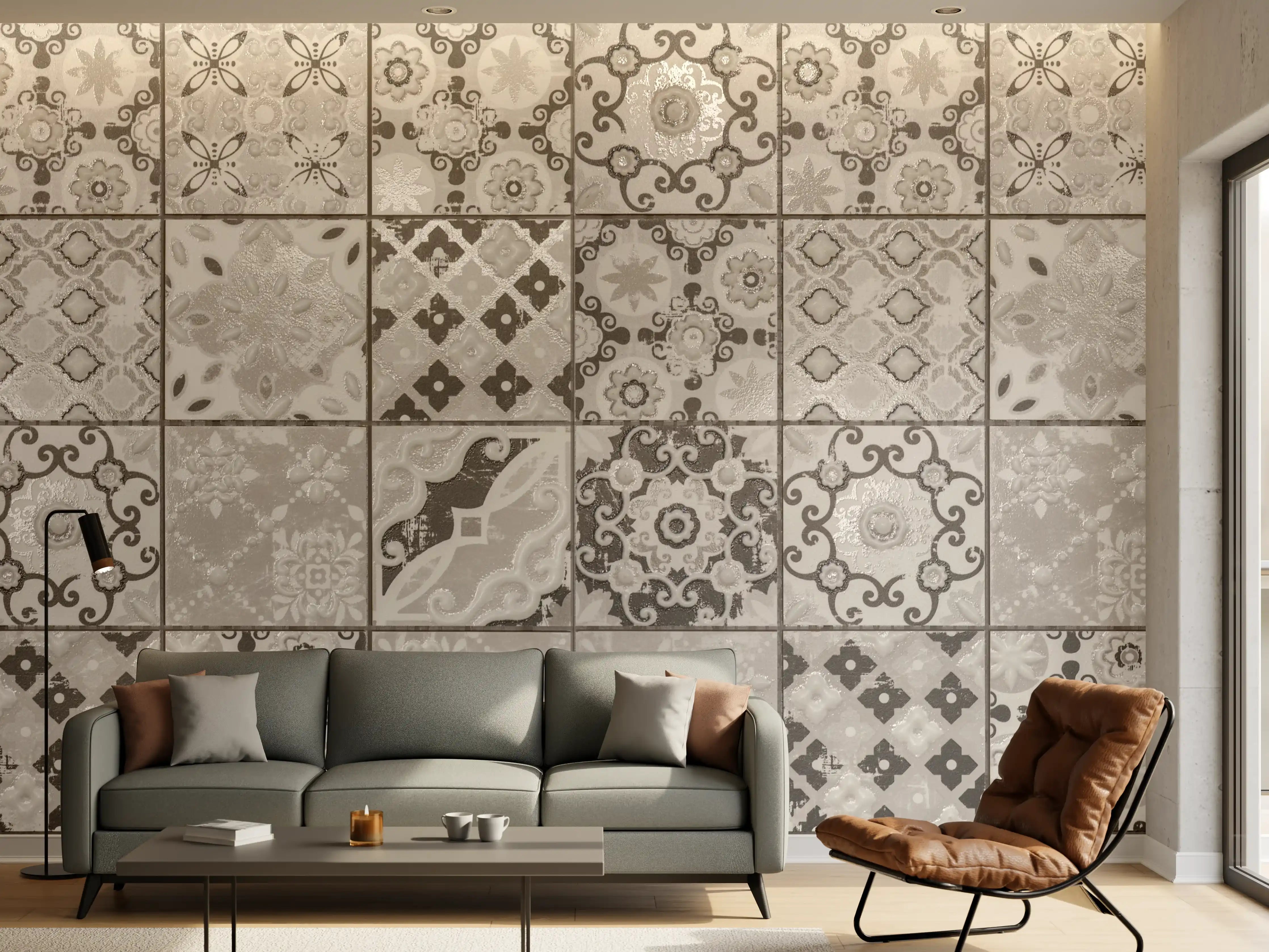 Wandverkleidung Wohnzimmer - Graue Fliesenmuster