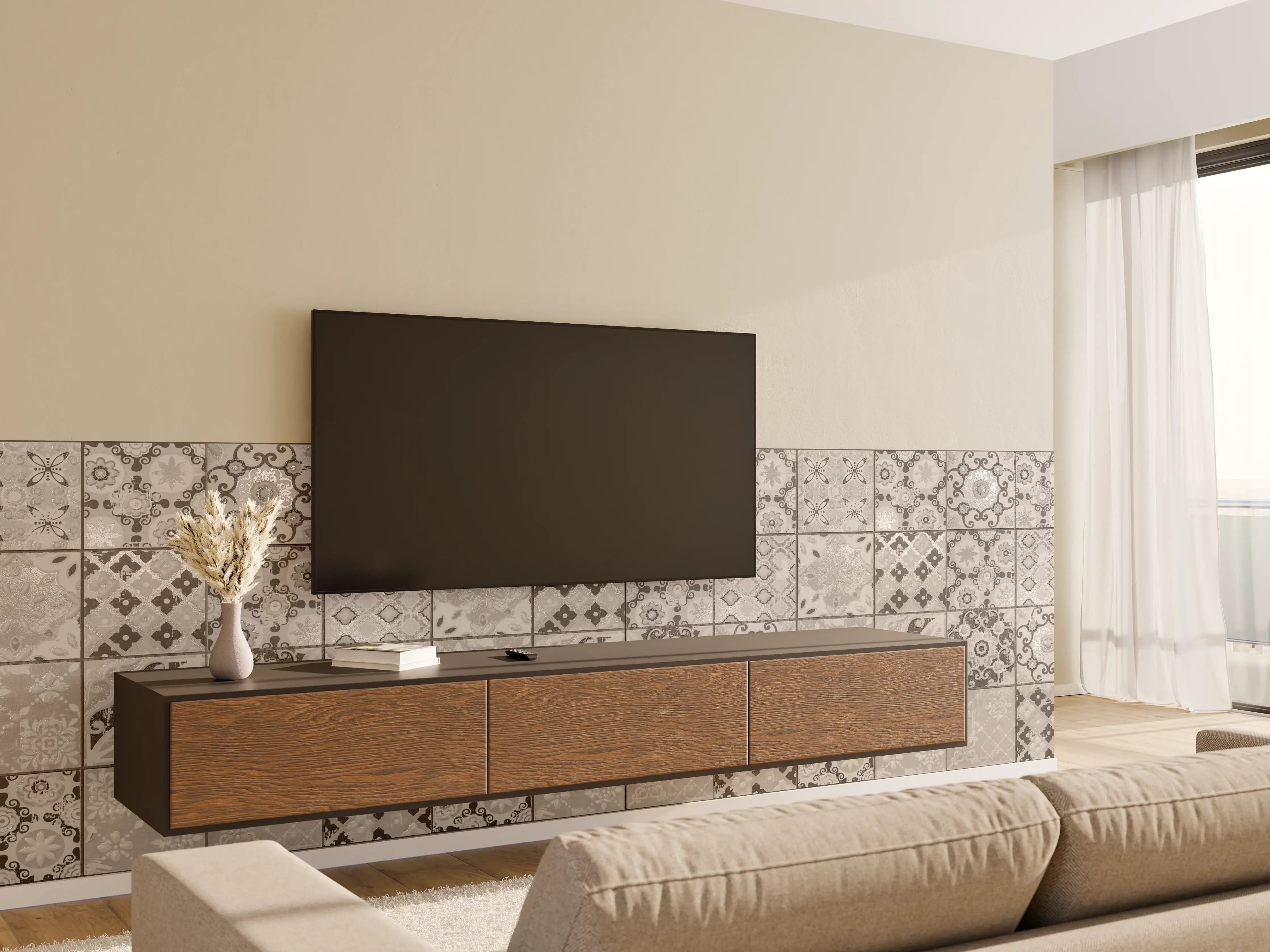 Wandverkleidung Wohnzimmer - Graue Fliesenmuster