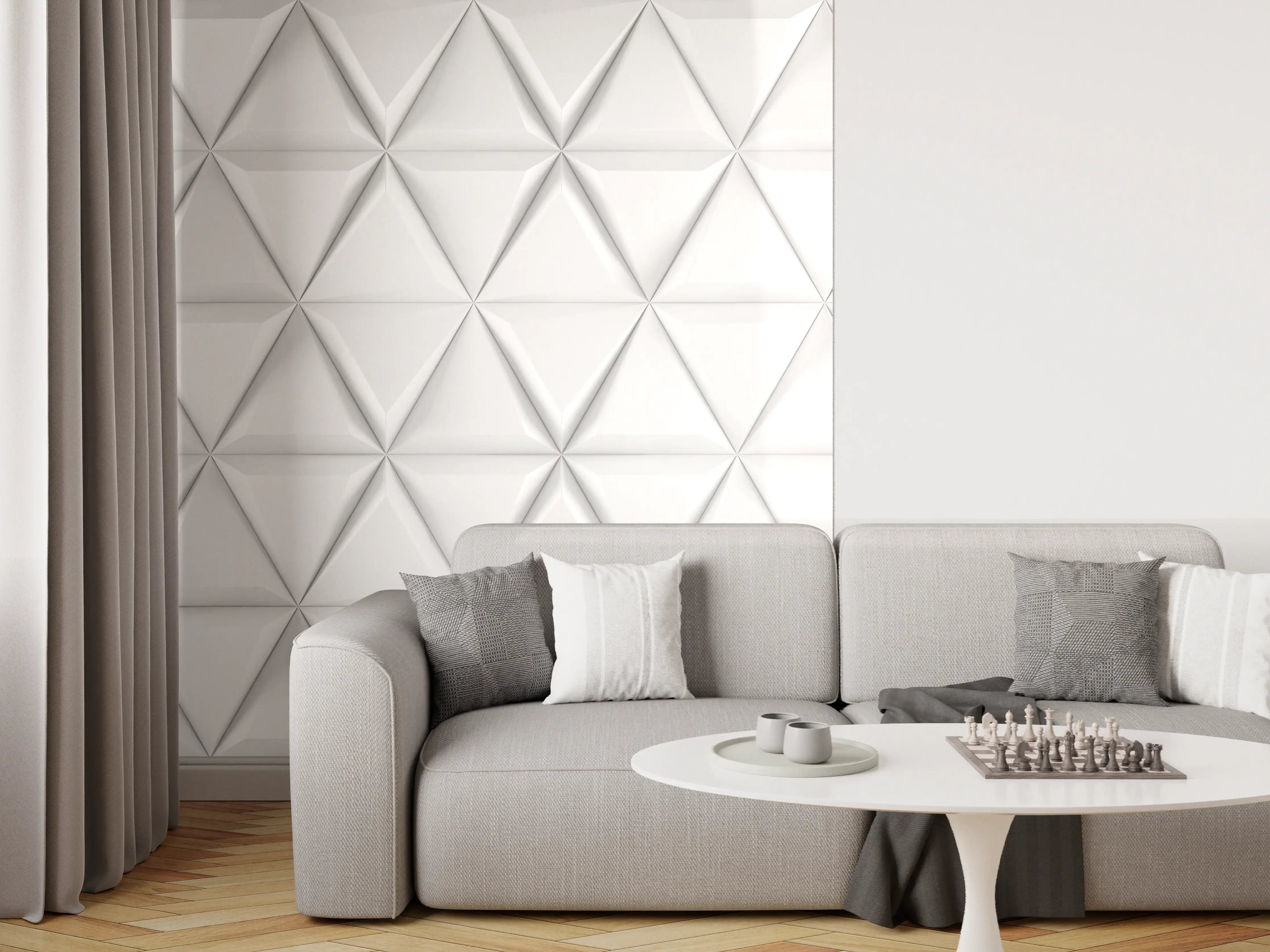 Wandverkleidung Wohnzimmer - Graue Geometrie an Wandflächen