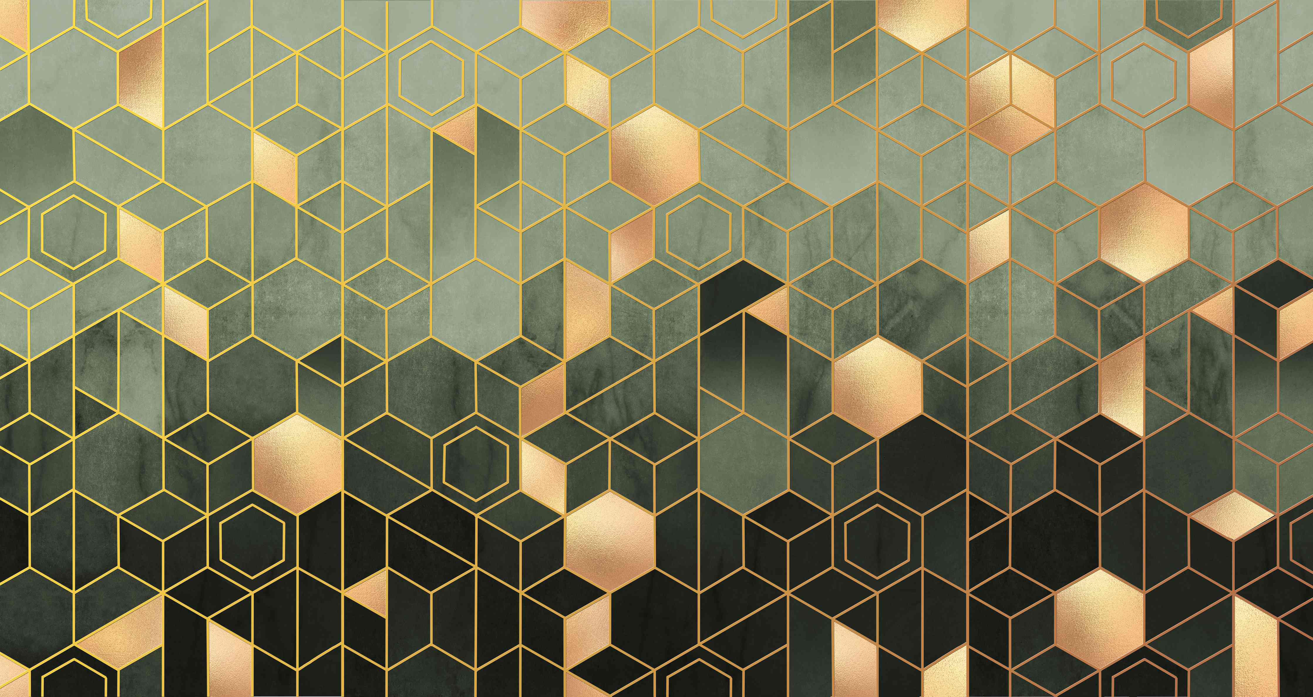 Wandverkleidung Wohnzimmer-Graue Geometrie mit Goldakzenten