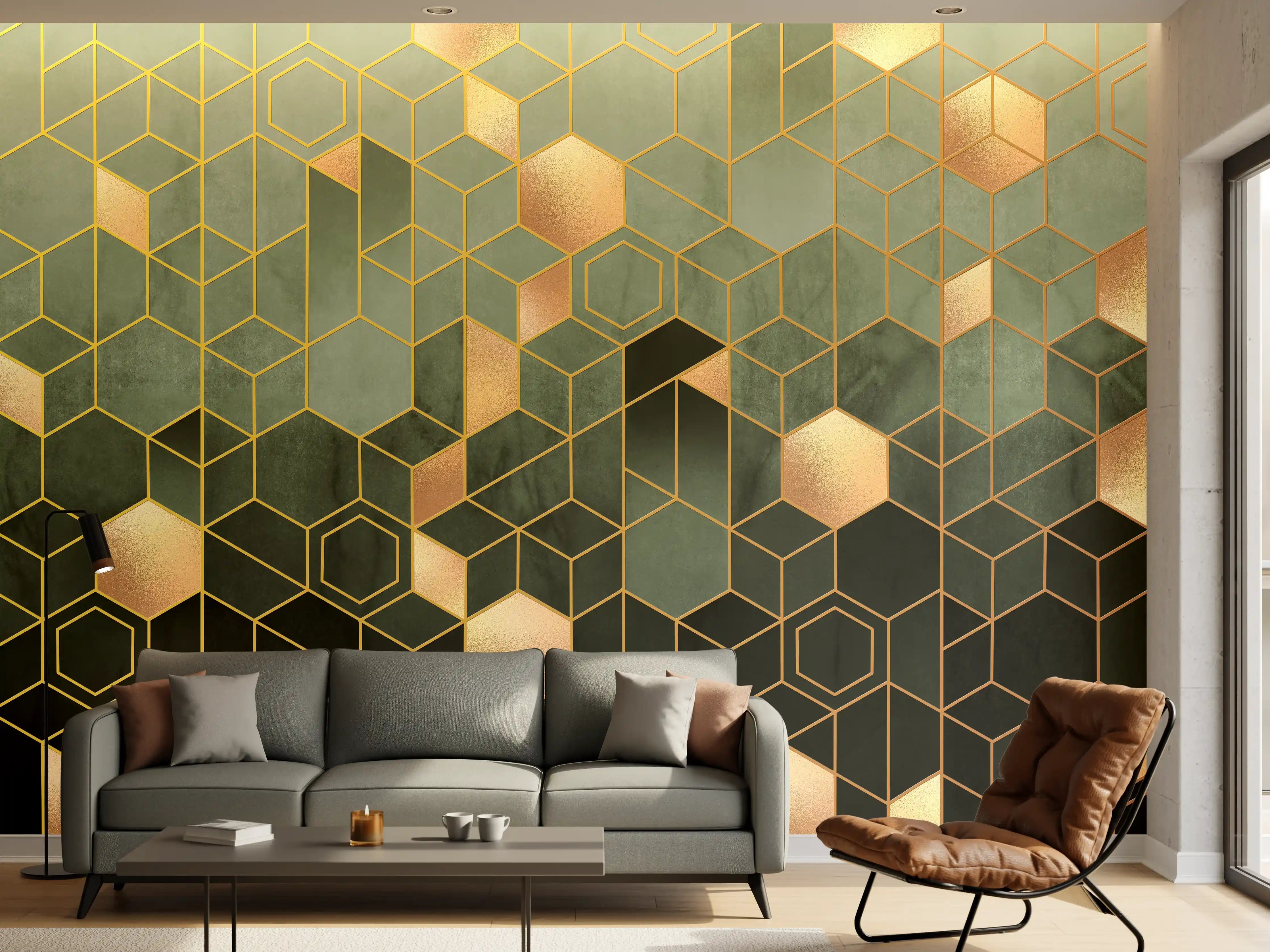 Wandverkleidung Wohnzimmer - Graue Geometrie mit Goldakzenten