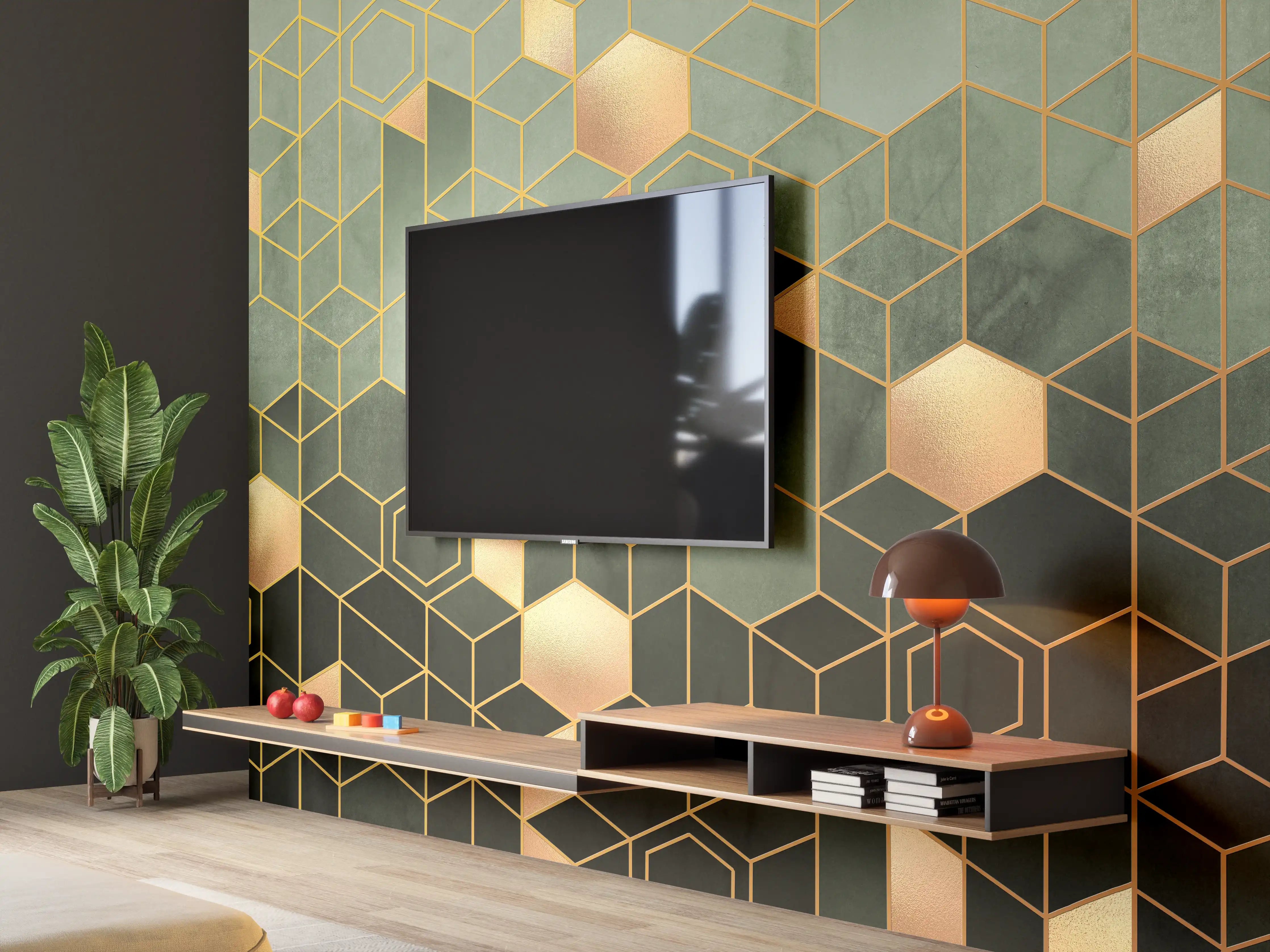 Wandverkleidung Wohnzimmer - Graue Geometrie mit Goldakzenten