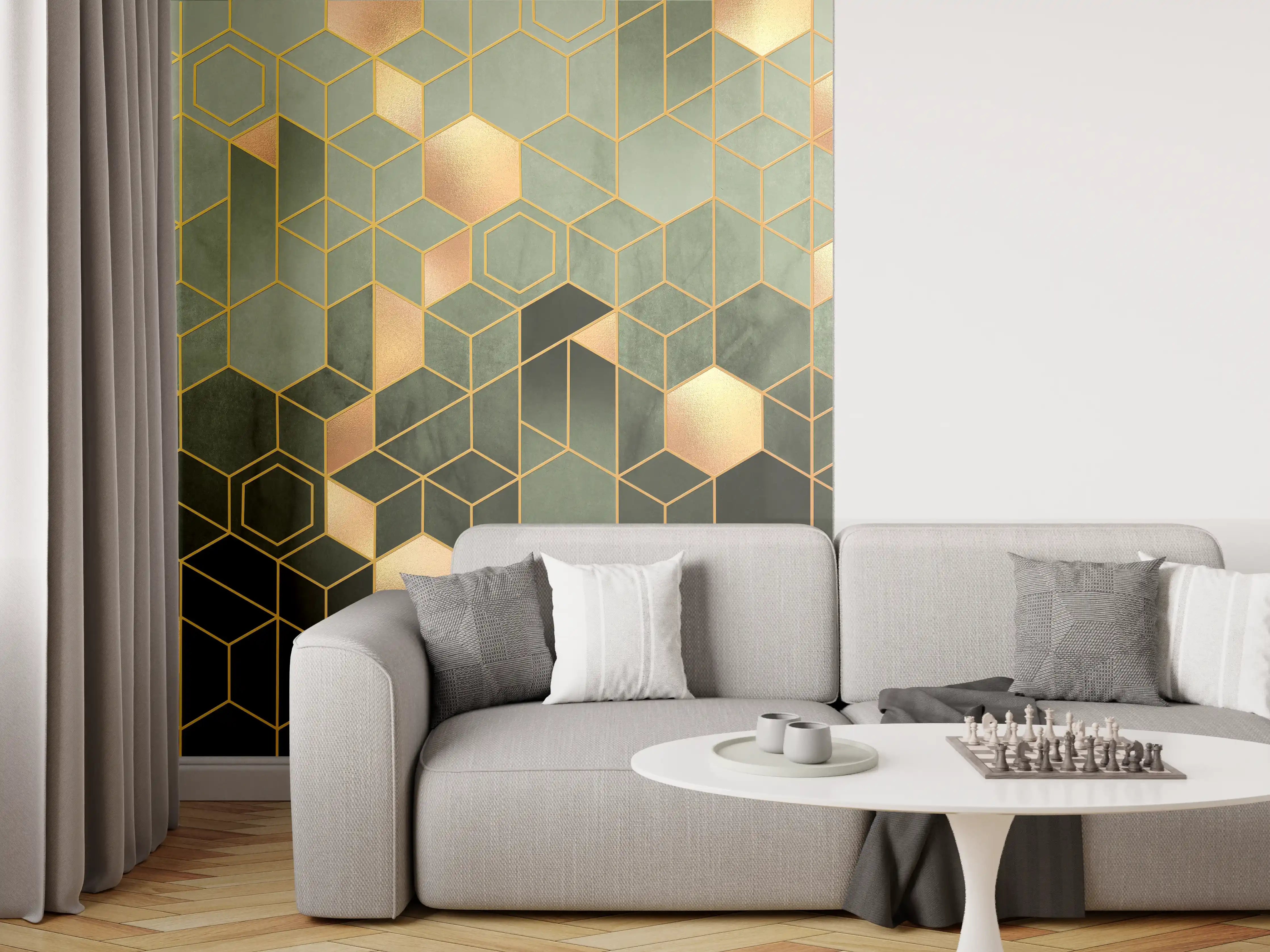 Wandverkleidung Wohnzimmer - Graue Geometrie mit Goldakzenten