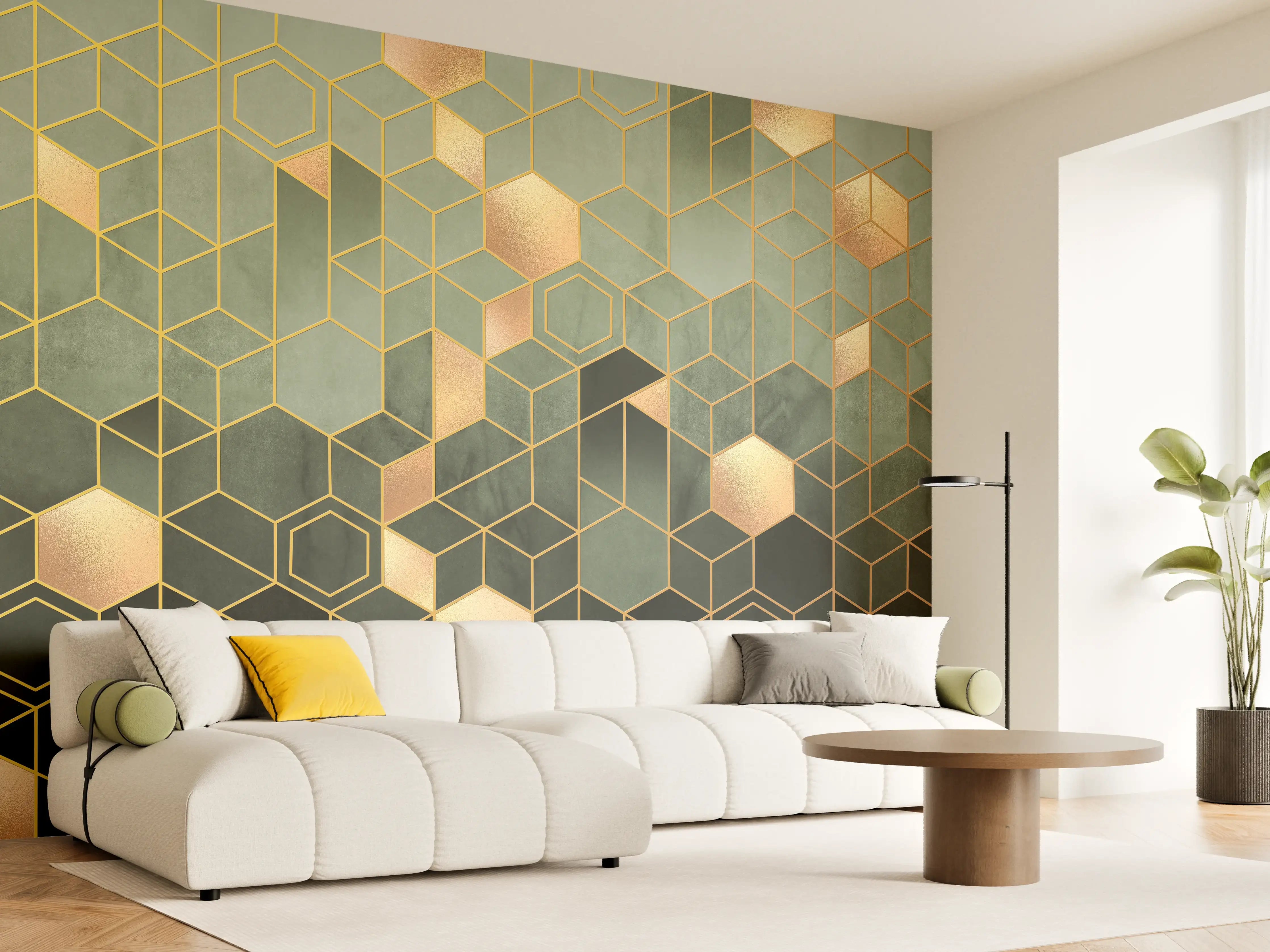 Wandverkleidung Wohnzimmer - Graue Geometrie mit Goldakzenten