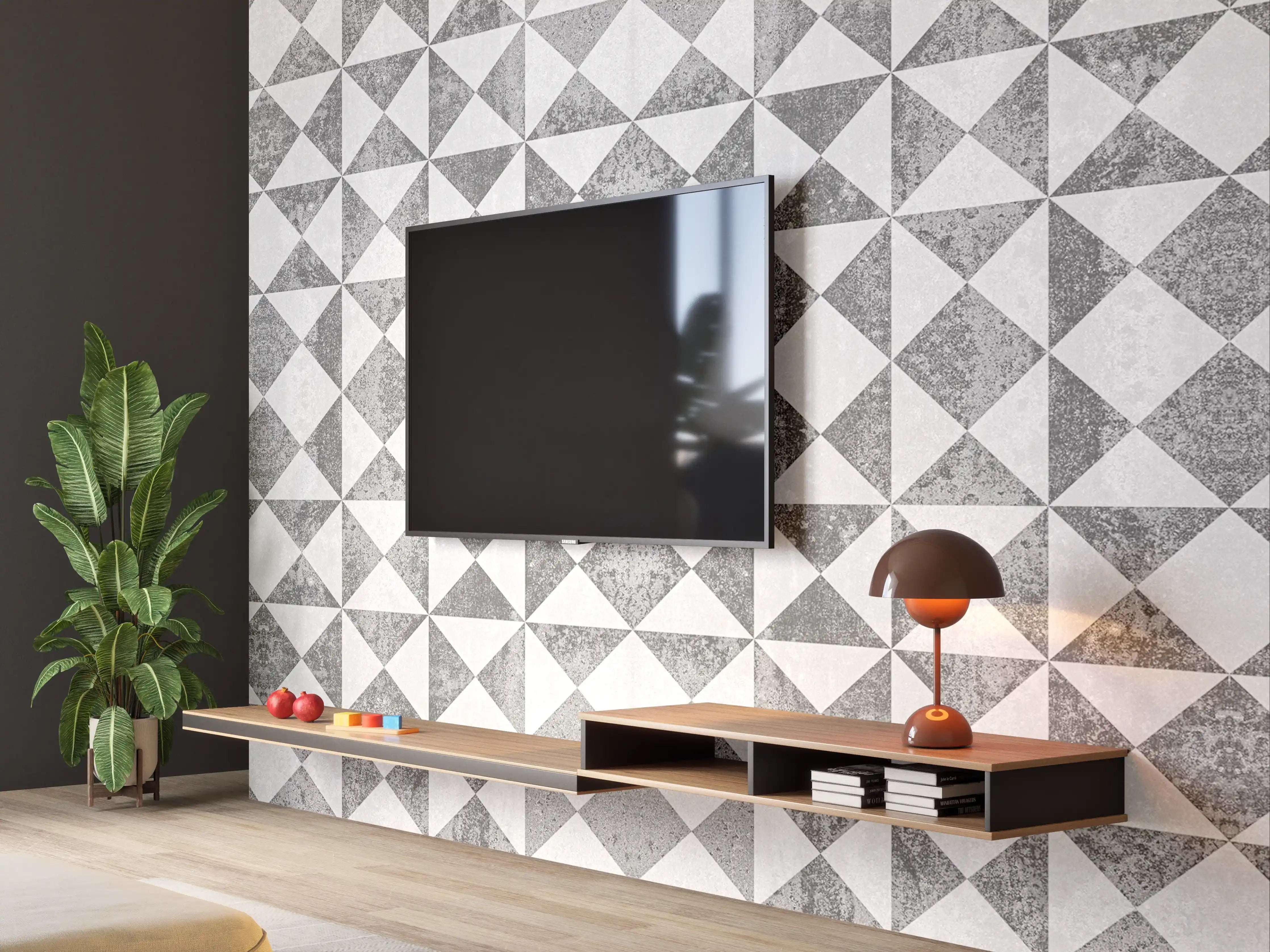 Wandverkleidung Wohnzimmer - Graue Geometrie: Weiße Musterwandgestaltung