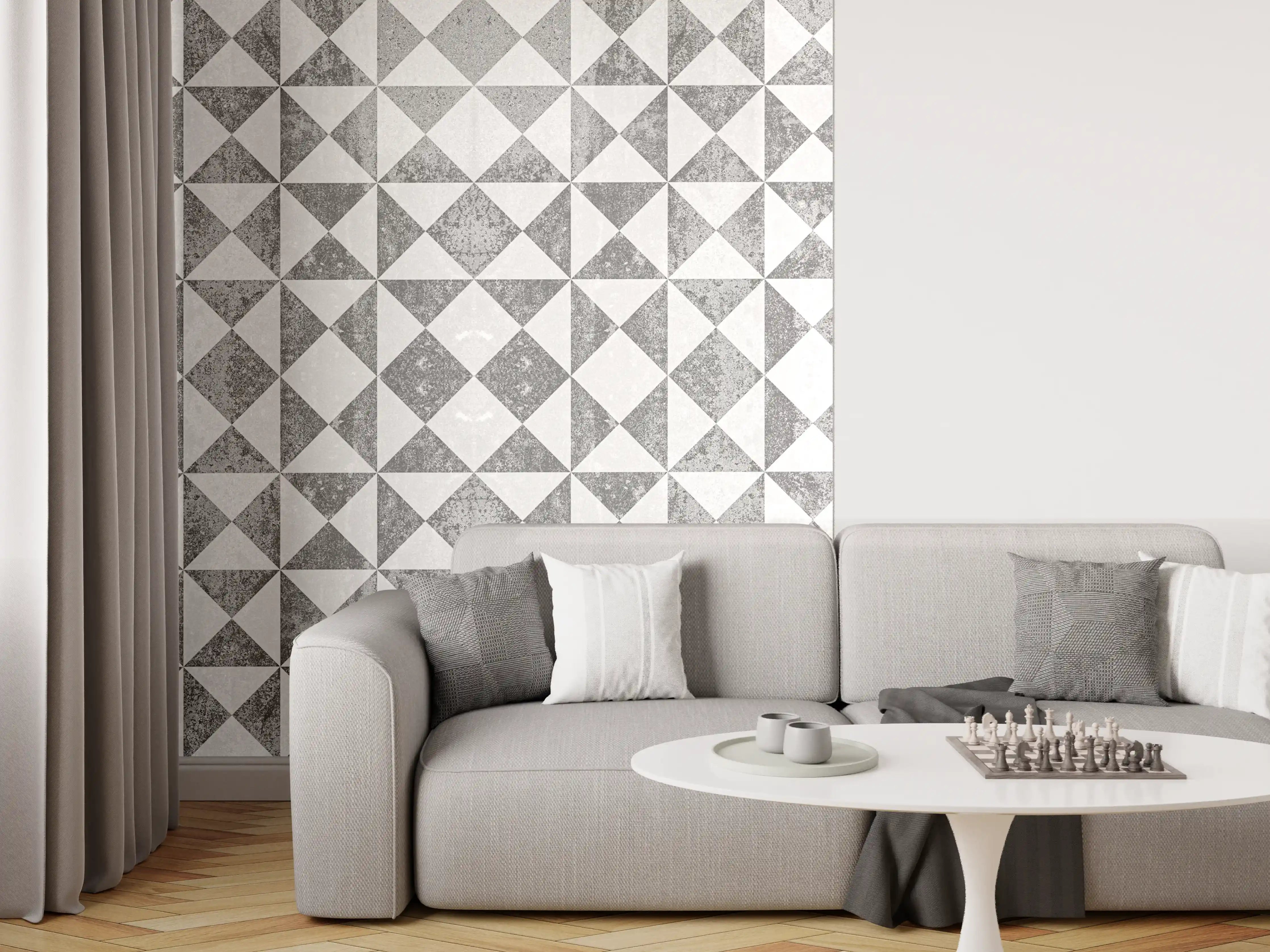 Wandverkleidung Wohnzimmer - Graue Geometrie: Weiße Musterwandgestaltung