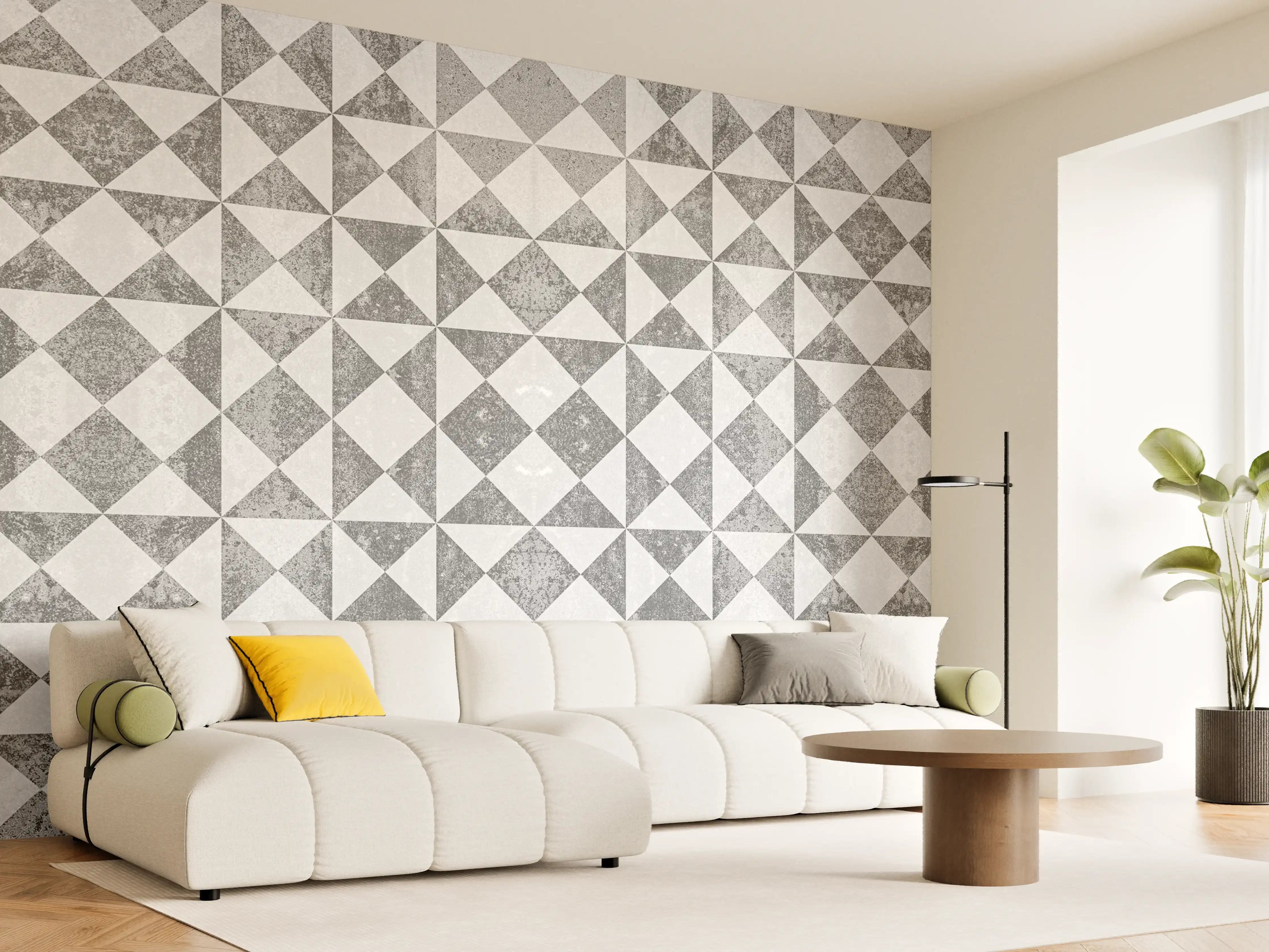 Wandverkleidung Wohnzimmer - Graue Geometrie: Weiße Musterwandgestaltung