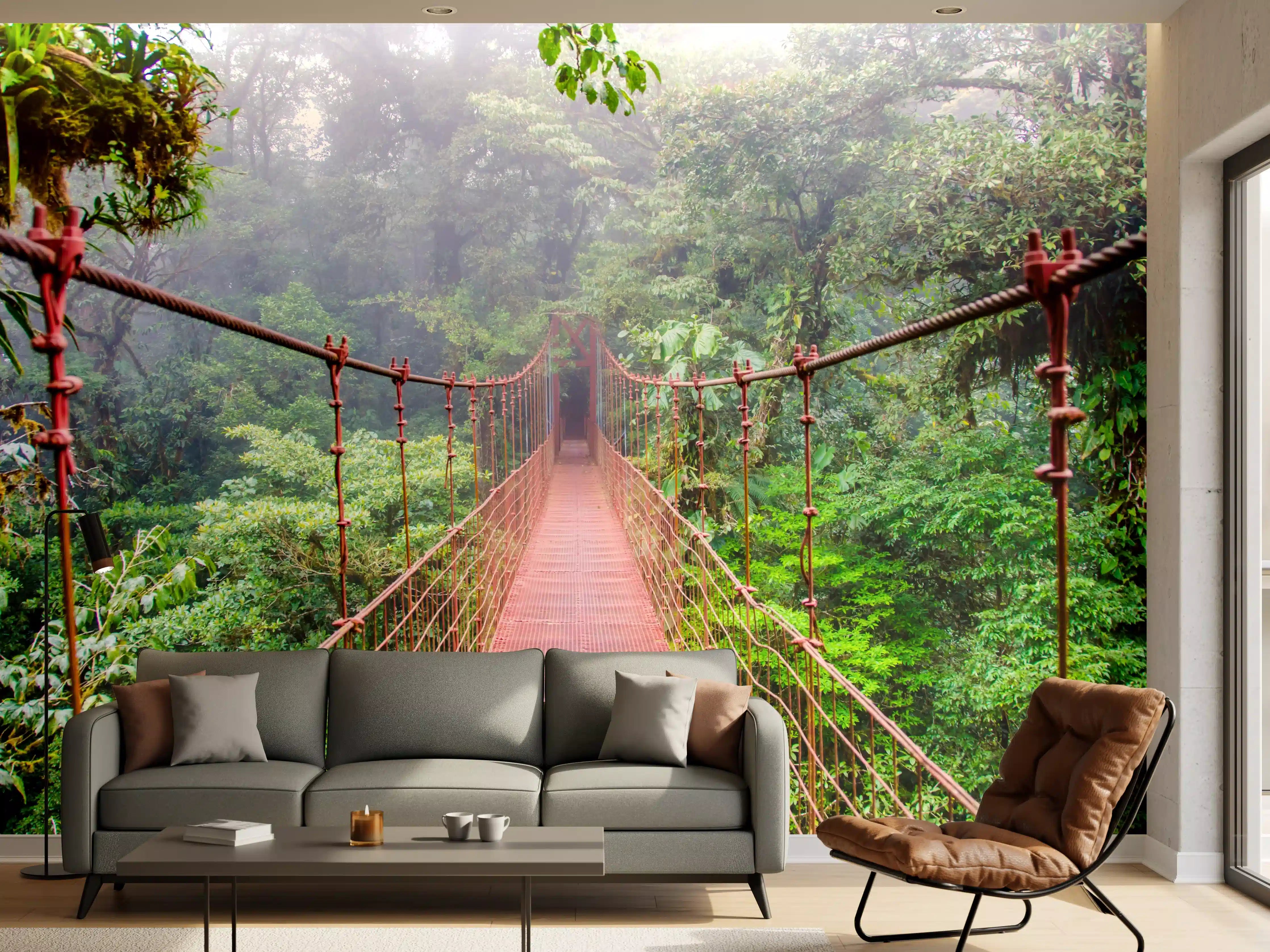 Wandverkleidung Wohnzimmer - Graue Hängebrücke im Dschungeltraum