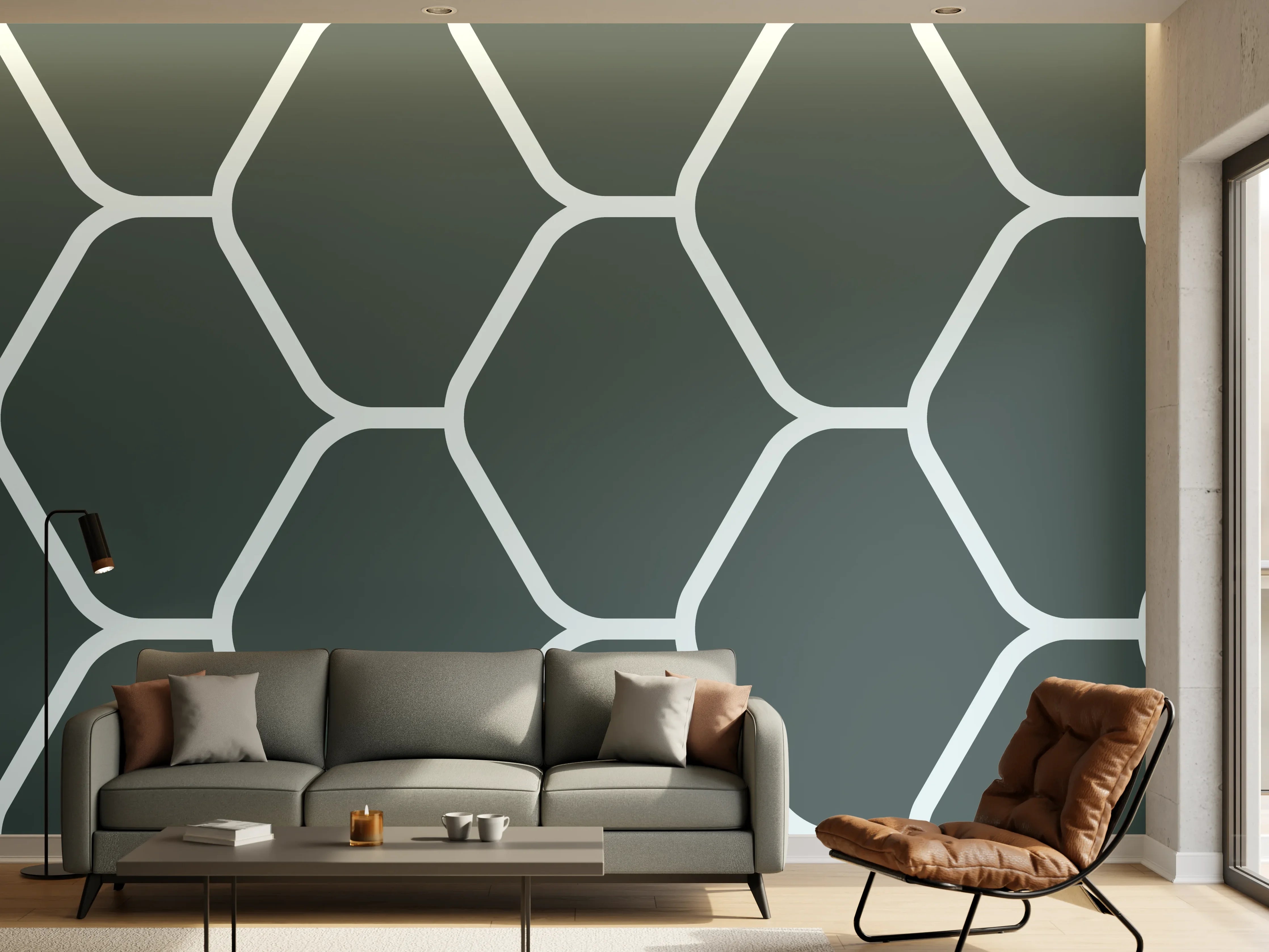 Wandverkleidung Wohnzimmer - Graue Hexagon-Muster Tapete