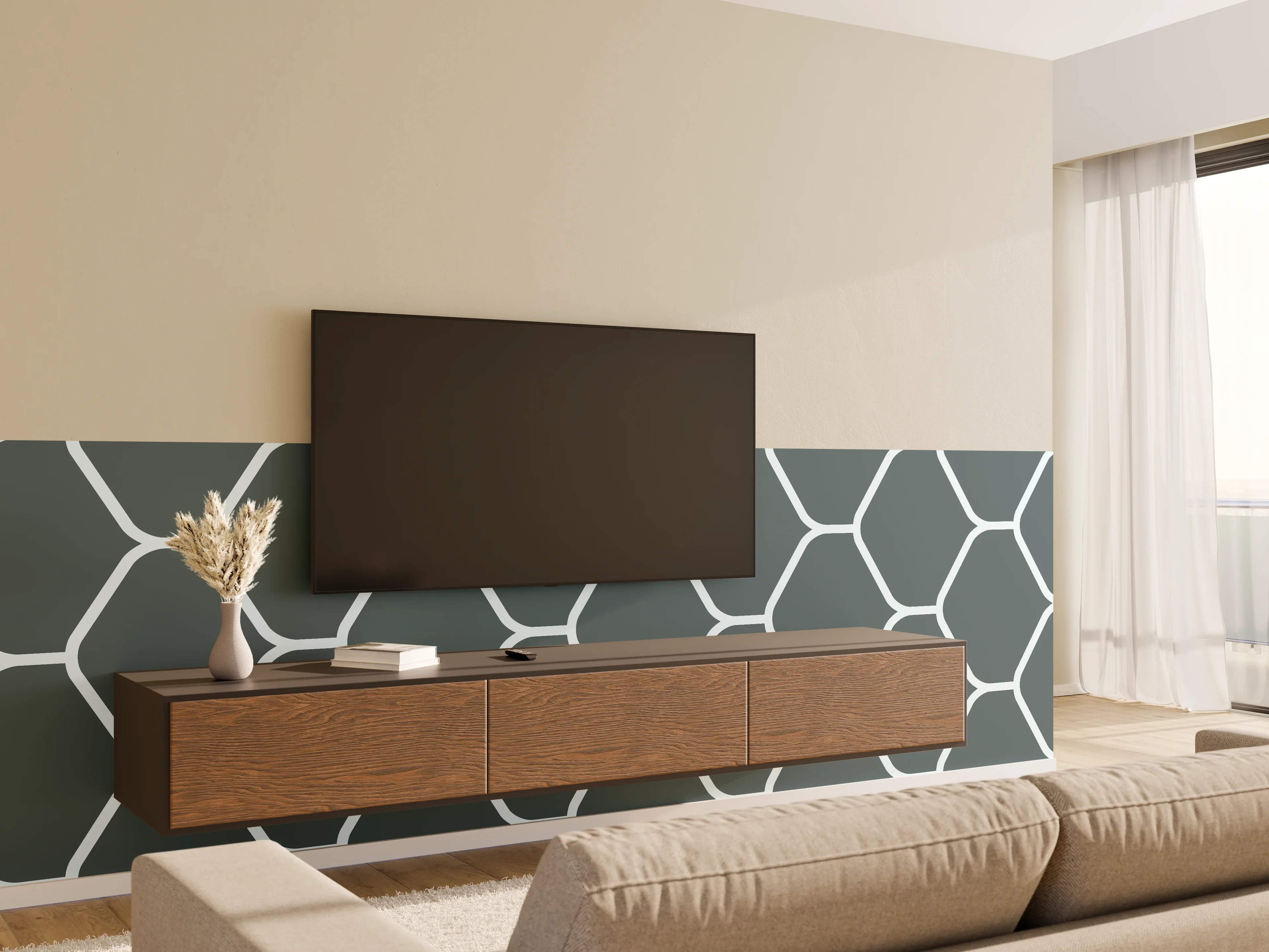 Wandverkleidung Wohnzimmer - Graue Hexagon-Muster Tapete