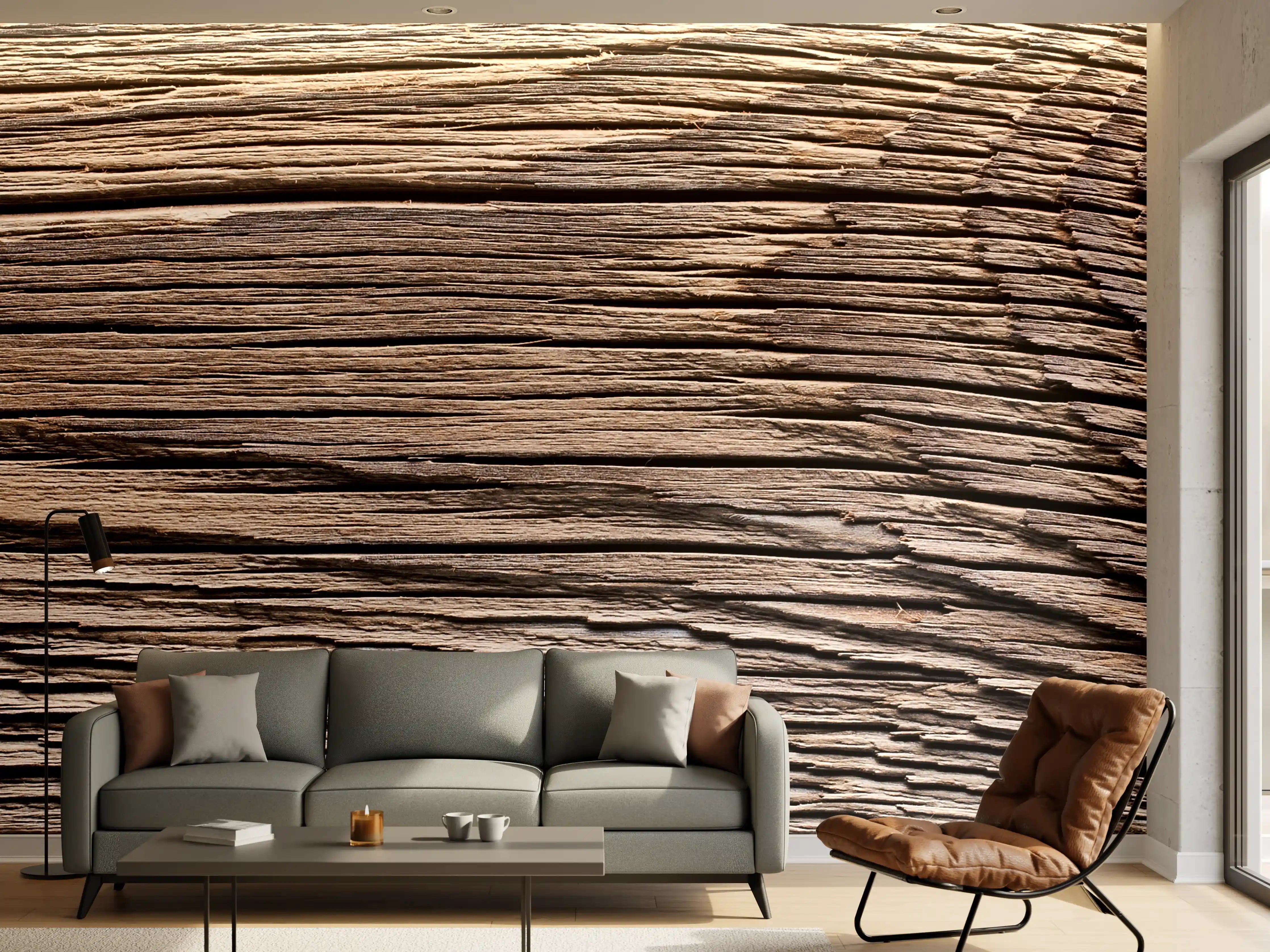 Wandverkleidung Wohnzimmer - Graue Holzmaserung mit weißen Akzenten