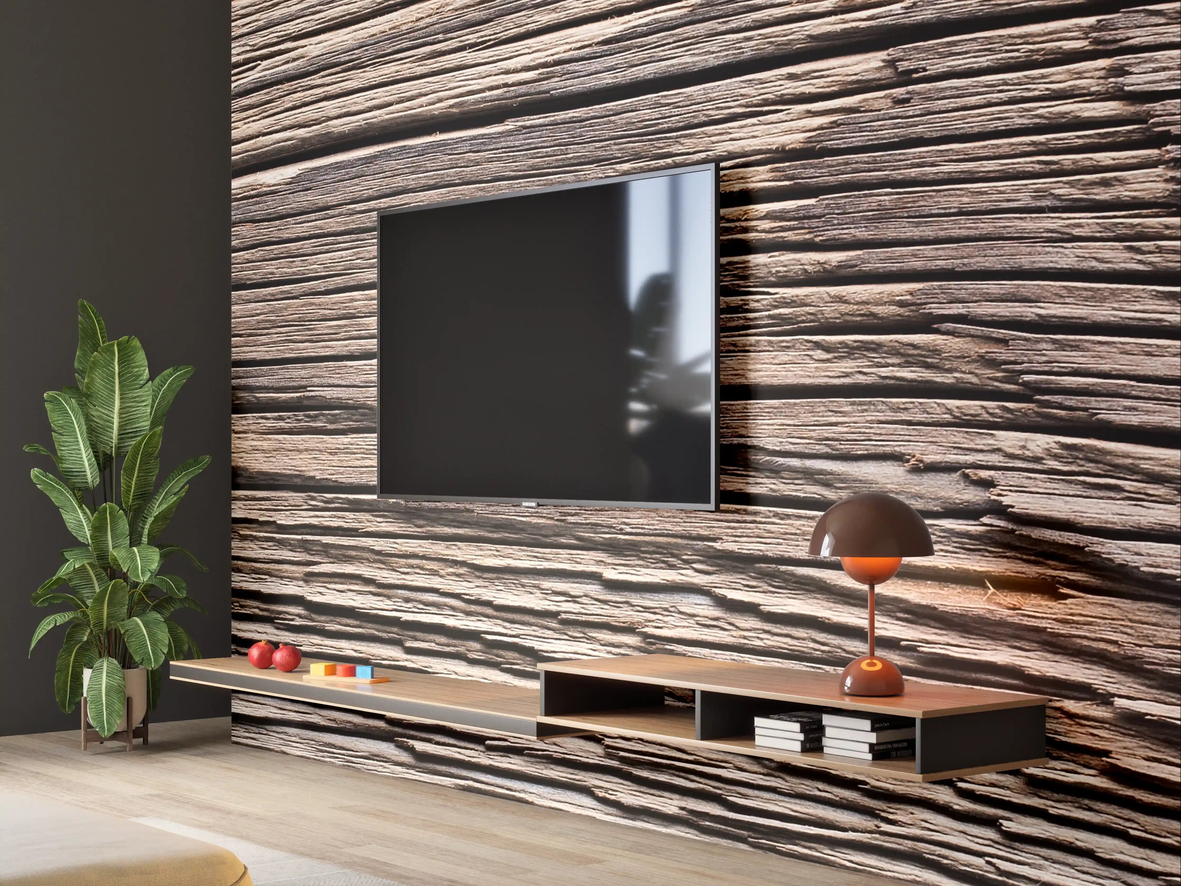 Wandverkleidung Wohnzimmer - Graue Holzmaserung mit weißen Akzenten