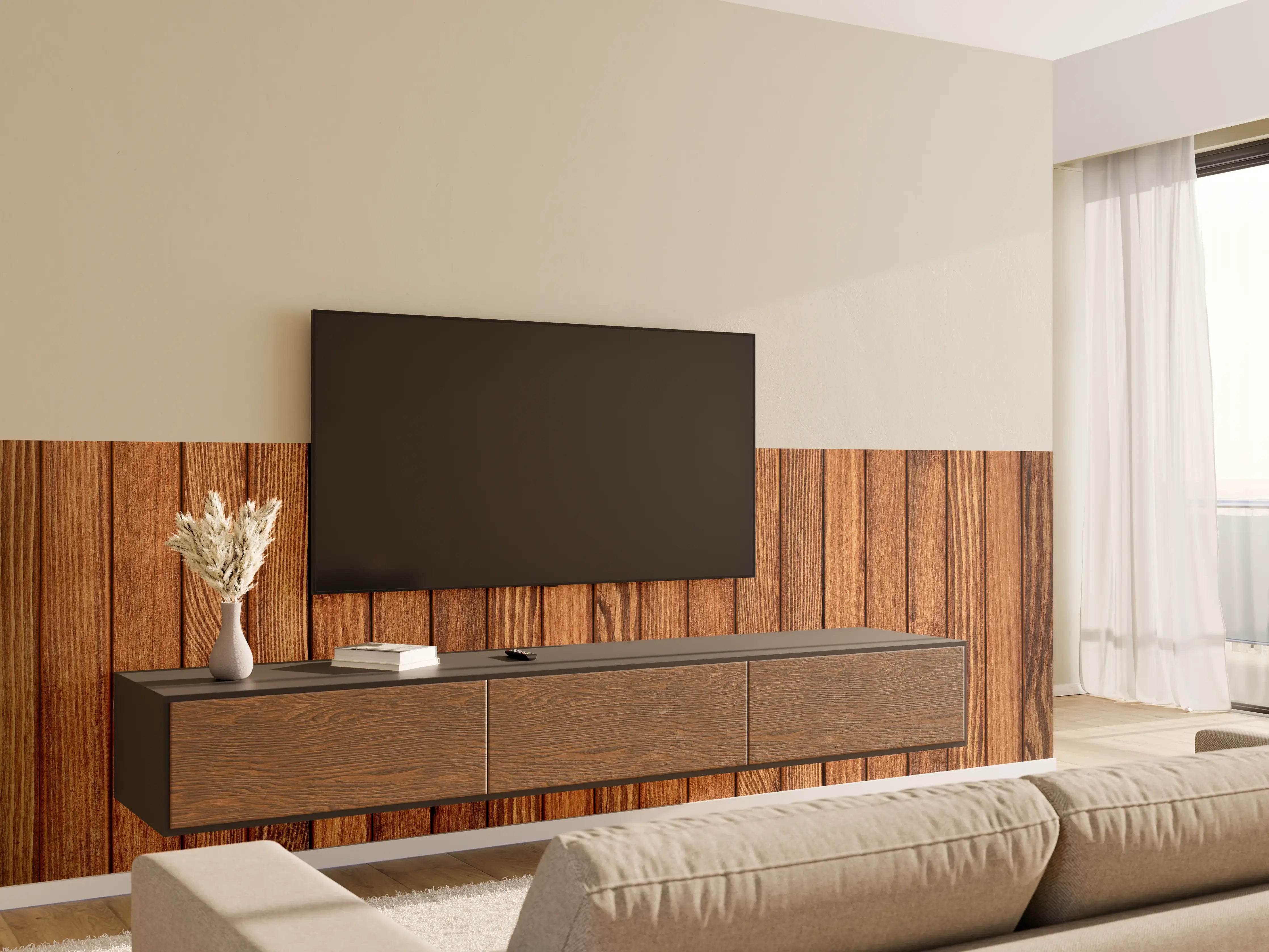 Wandverkleidung Wohnzimmer - Graue Holzoptik Wandpaneele für moderne Räume