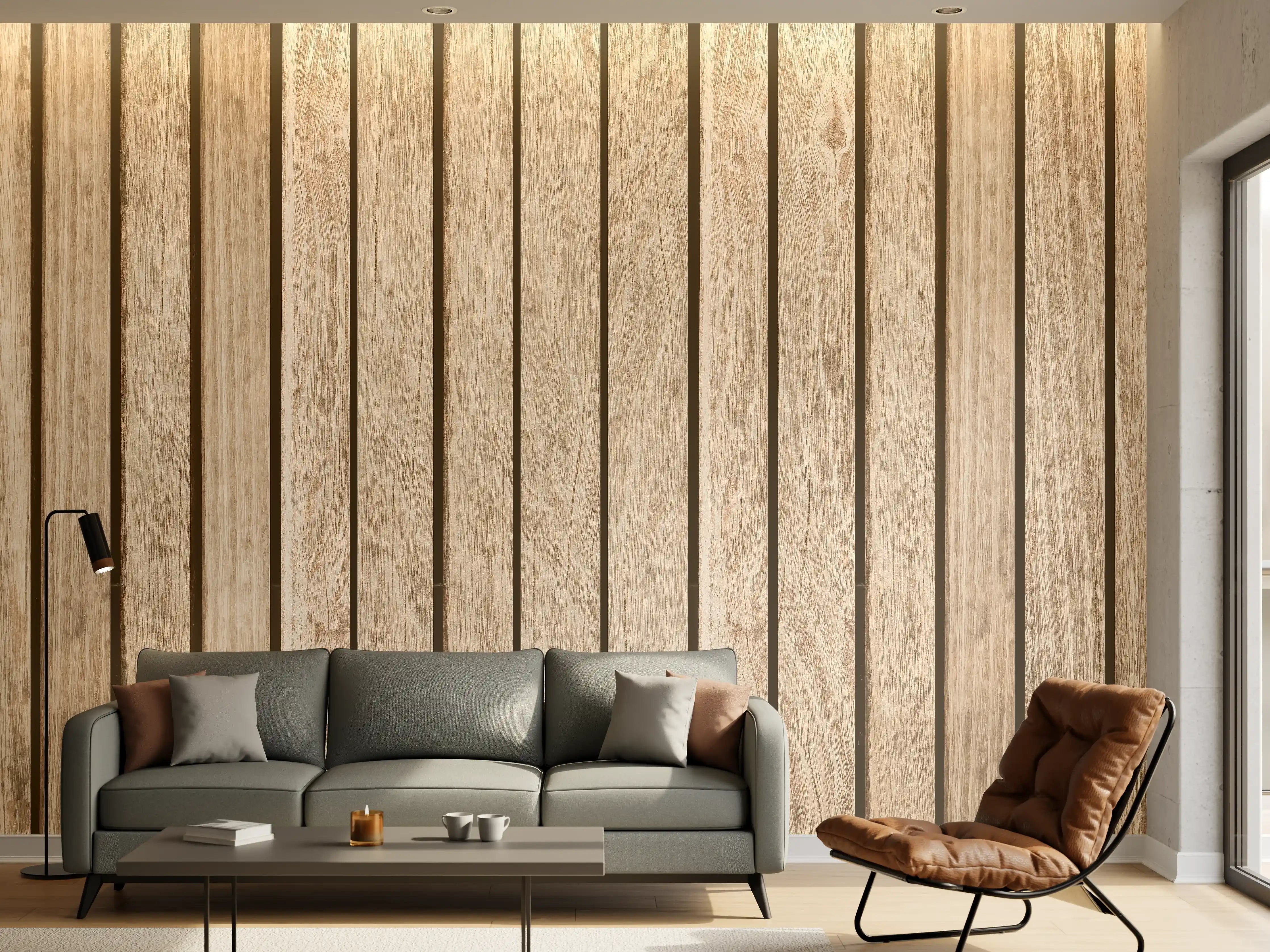 Wandverkleidung Wohnzimmer - Graue Holzoptik mit Weißakzenten