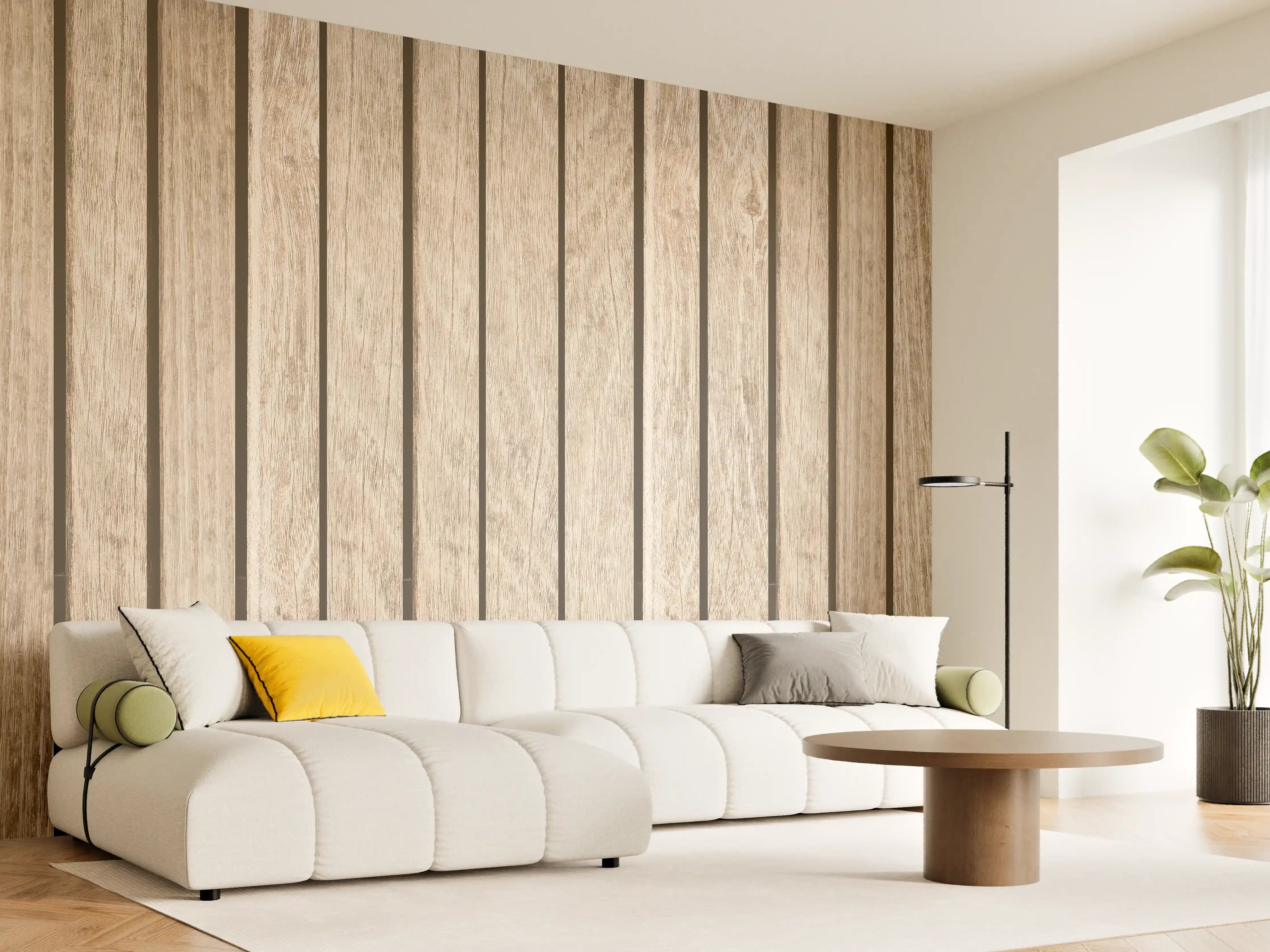 Wandverkleidung Wohnzimmer - Graue Holzoptik mit Weißakzenten