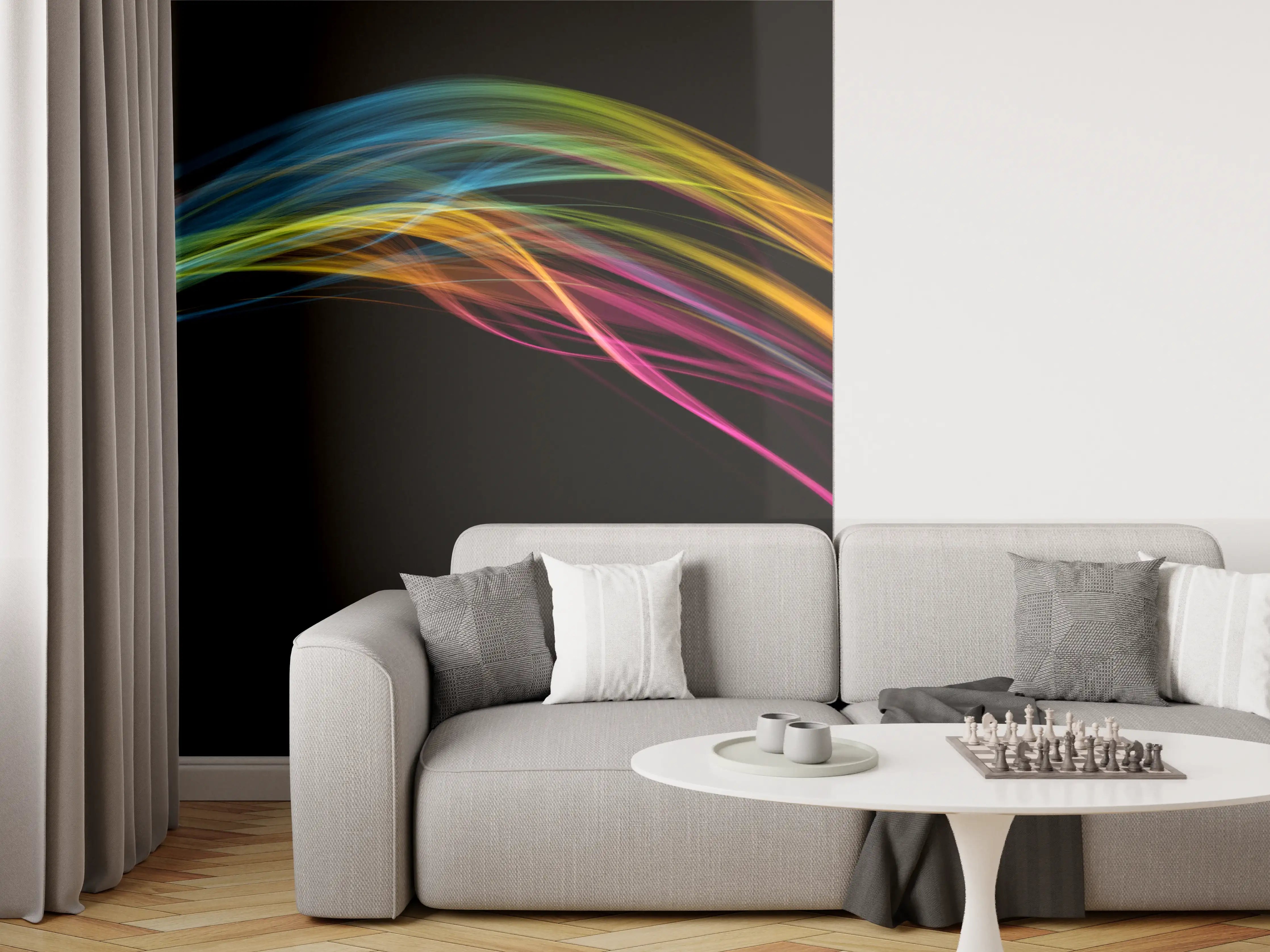 Wandverkleidung Wohnzimmer - Graue Lichtspiele auf dunklem Grund