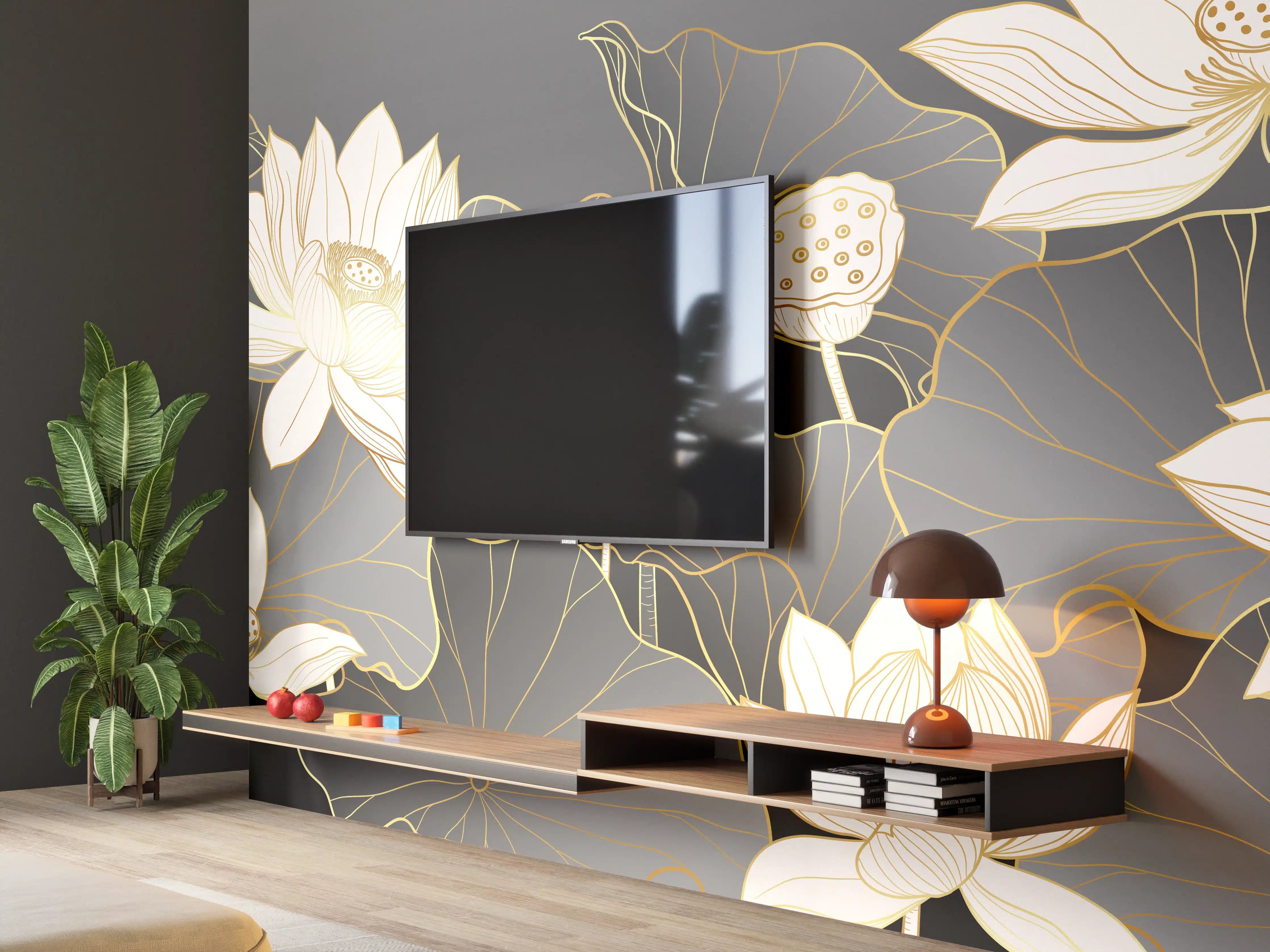 Wandverkleidung Wohnzimmer - Graue Lotus auf dunklem Grund