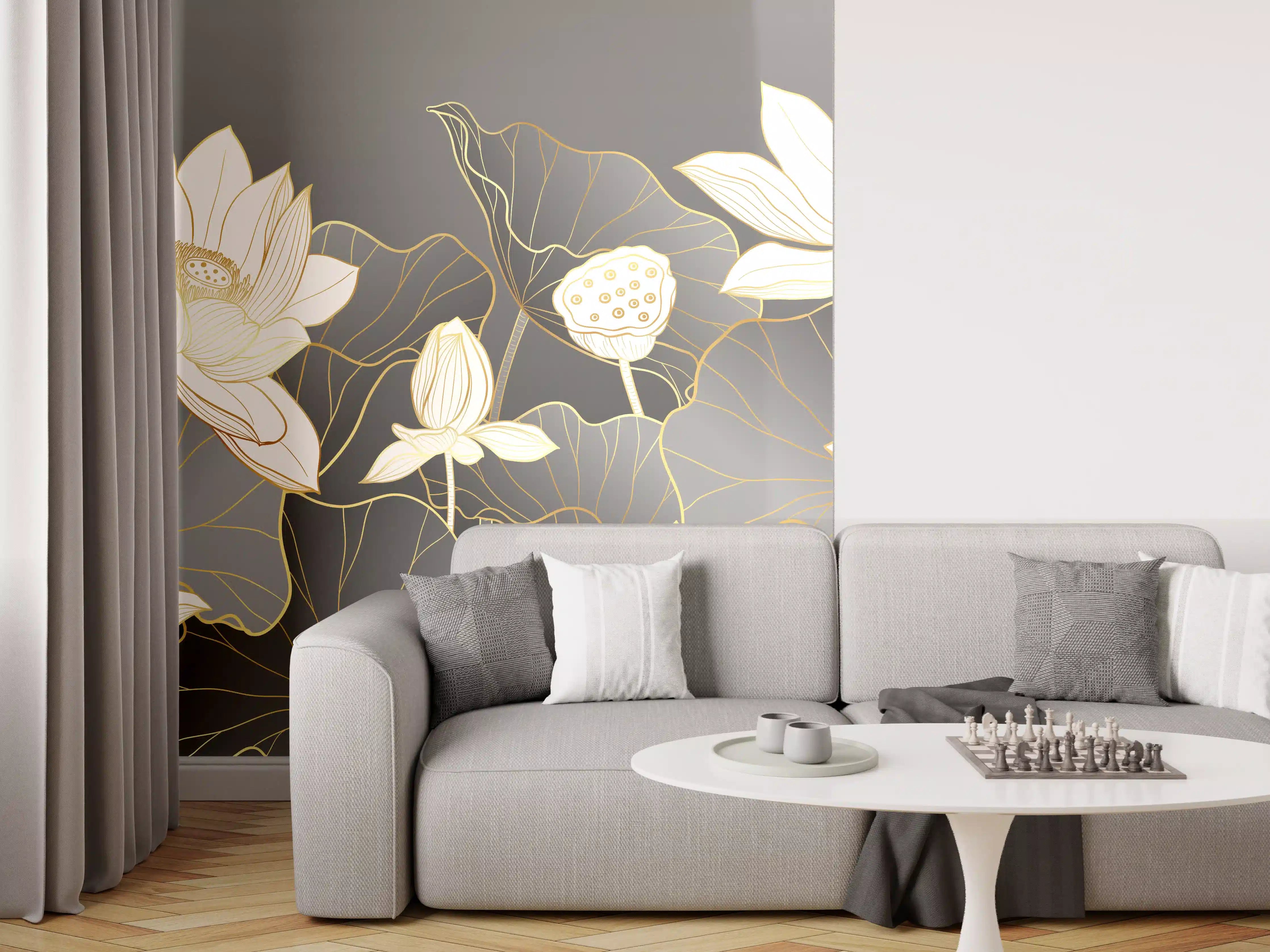 Wandverkleidung Wohnzimmer - Graue Lotus auf dunklem Grund