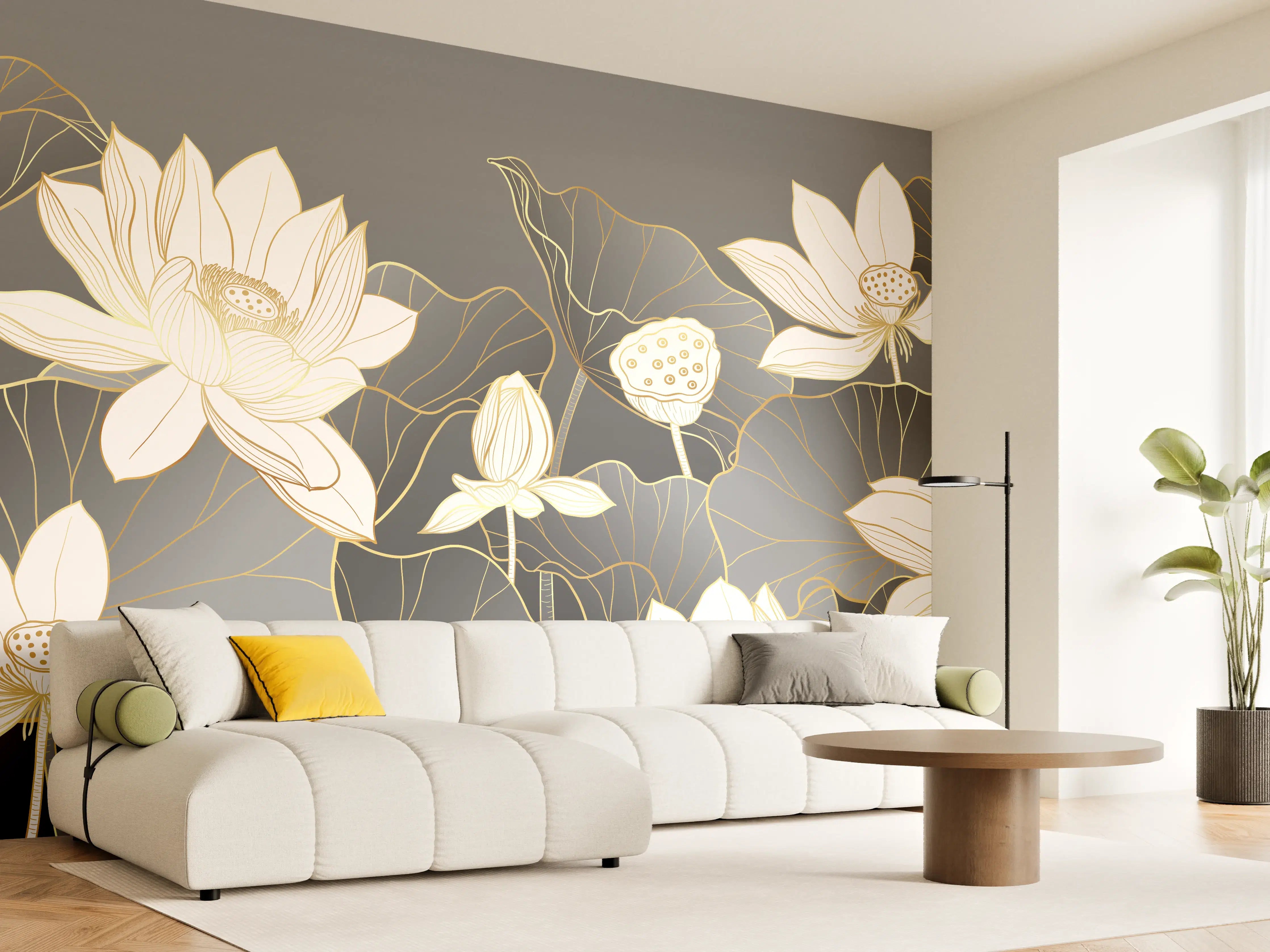 Wandverkleidung Wohnzimmer - Graue Lotus auf dunklem Grund
