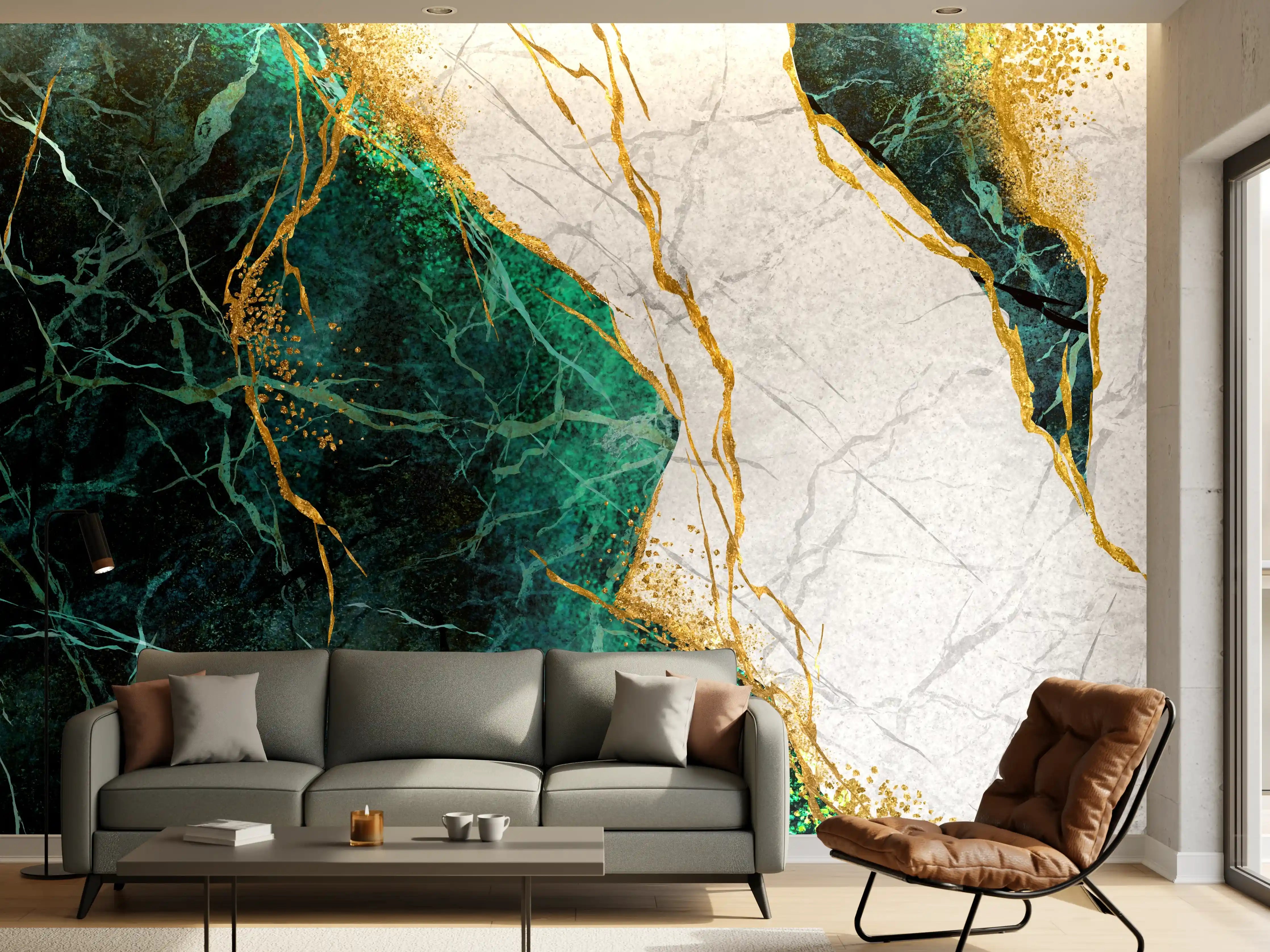 Wandverkleidung Wohnzimmer - Graue Marmor-Optik mit Goldakzenten