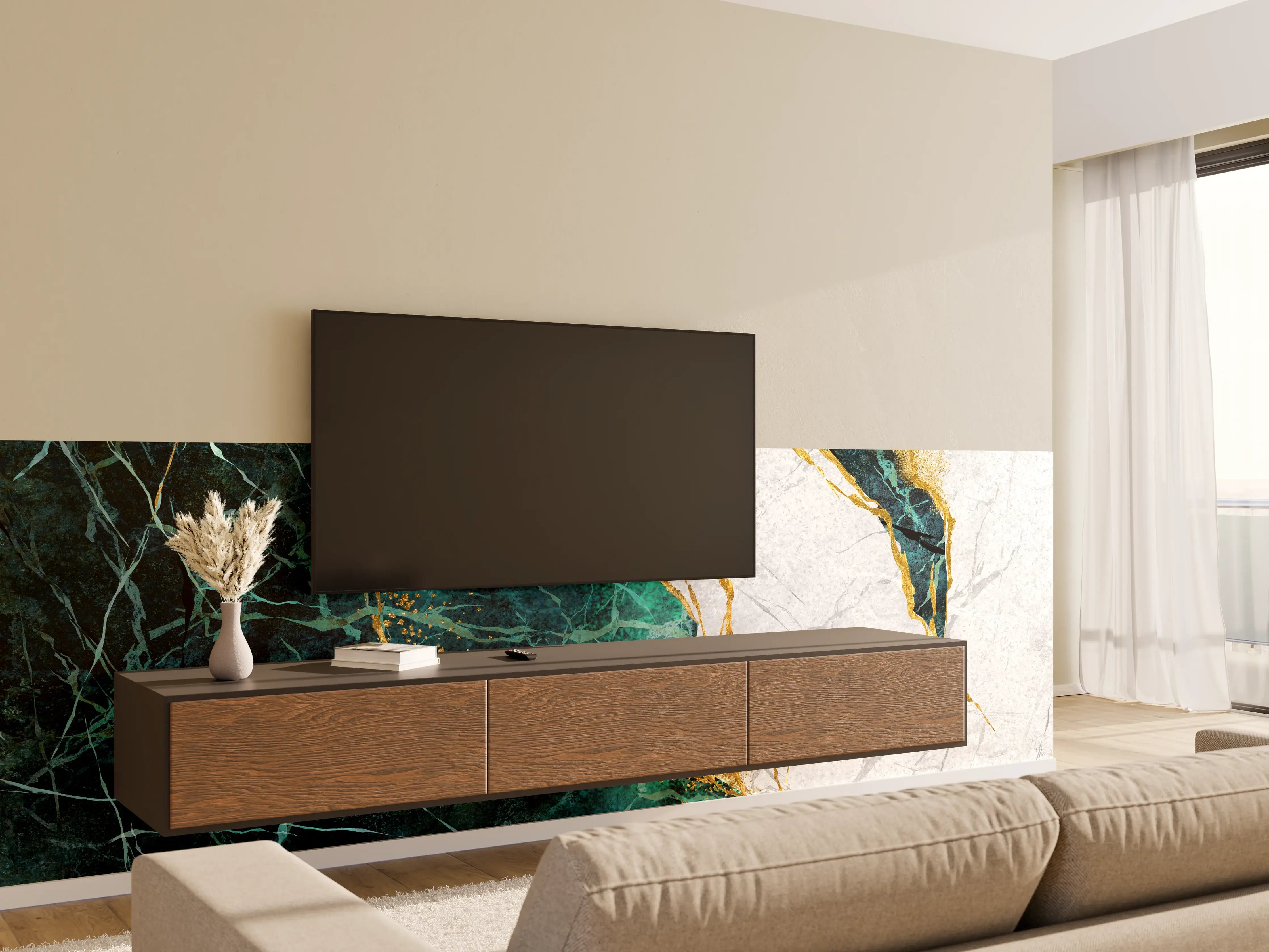 Wandverkleidung Wohnzimmer - Graue Marmor-Optik mit Goldakzenten