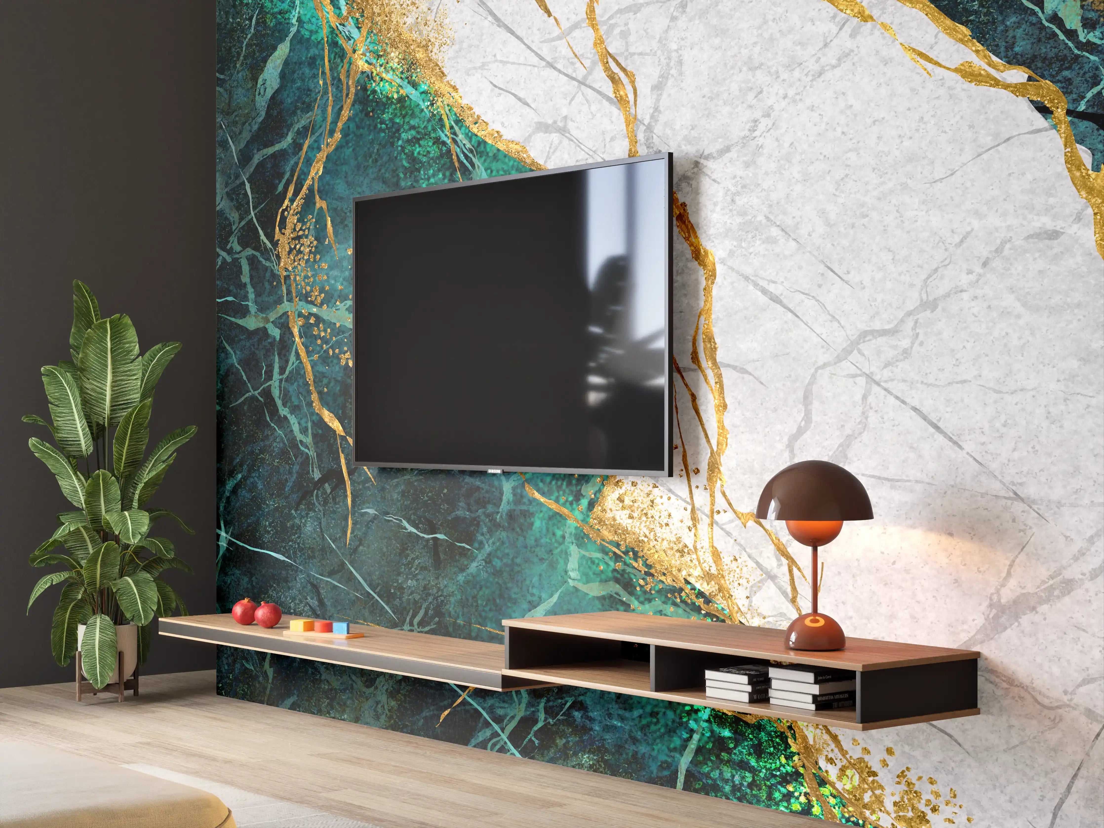 Wandverkleidung Wohnzimmer - Graue Marmor-Optik mit Goldakzenten