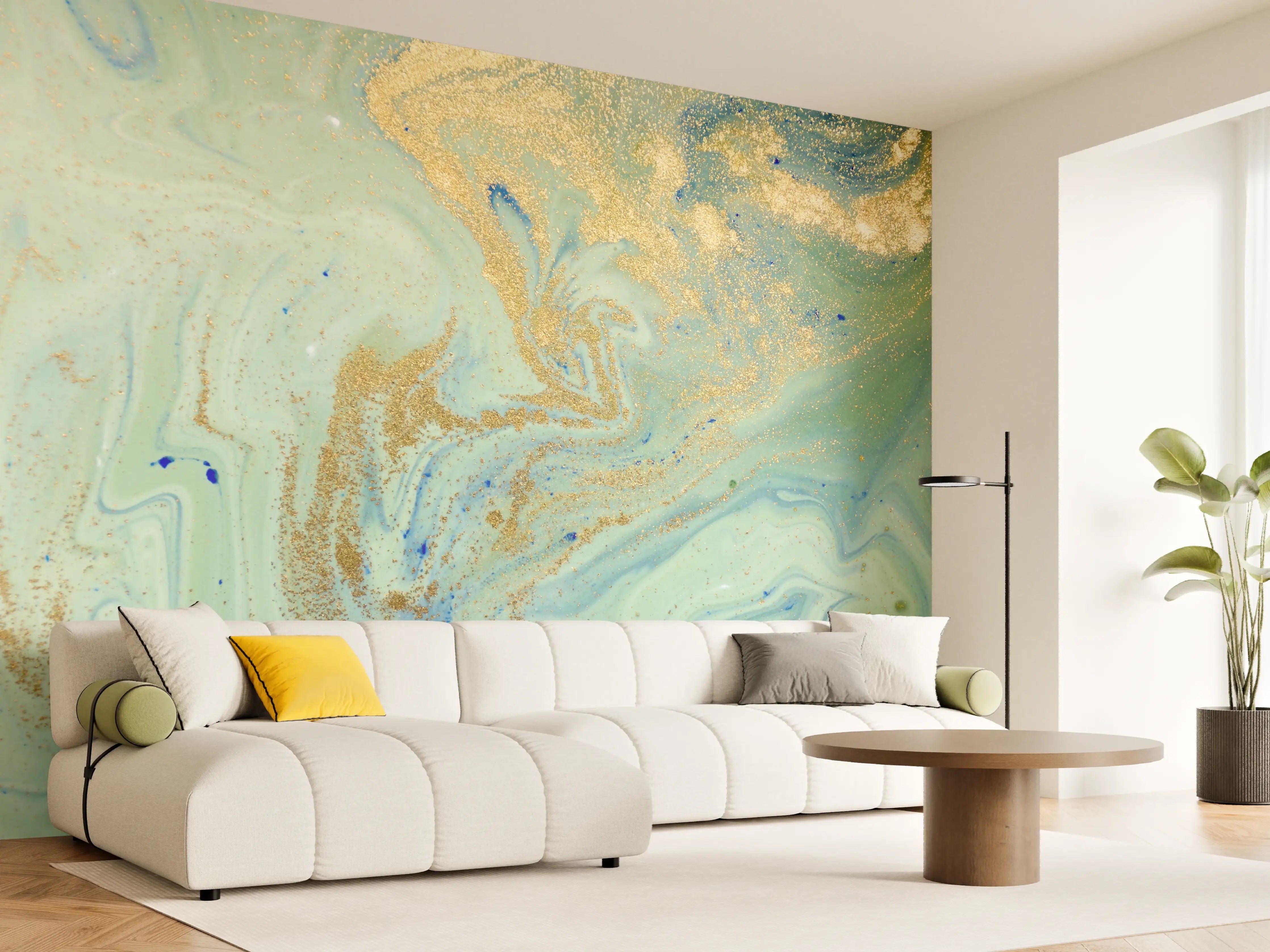 Wandverkleidung Wohnzimmer - Graue Marmor-Optik mit goldenen Akzenten