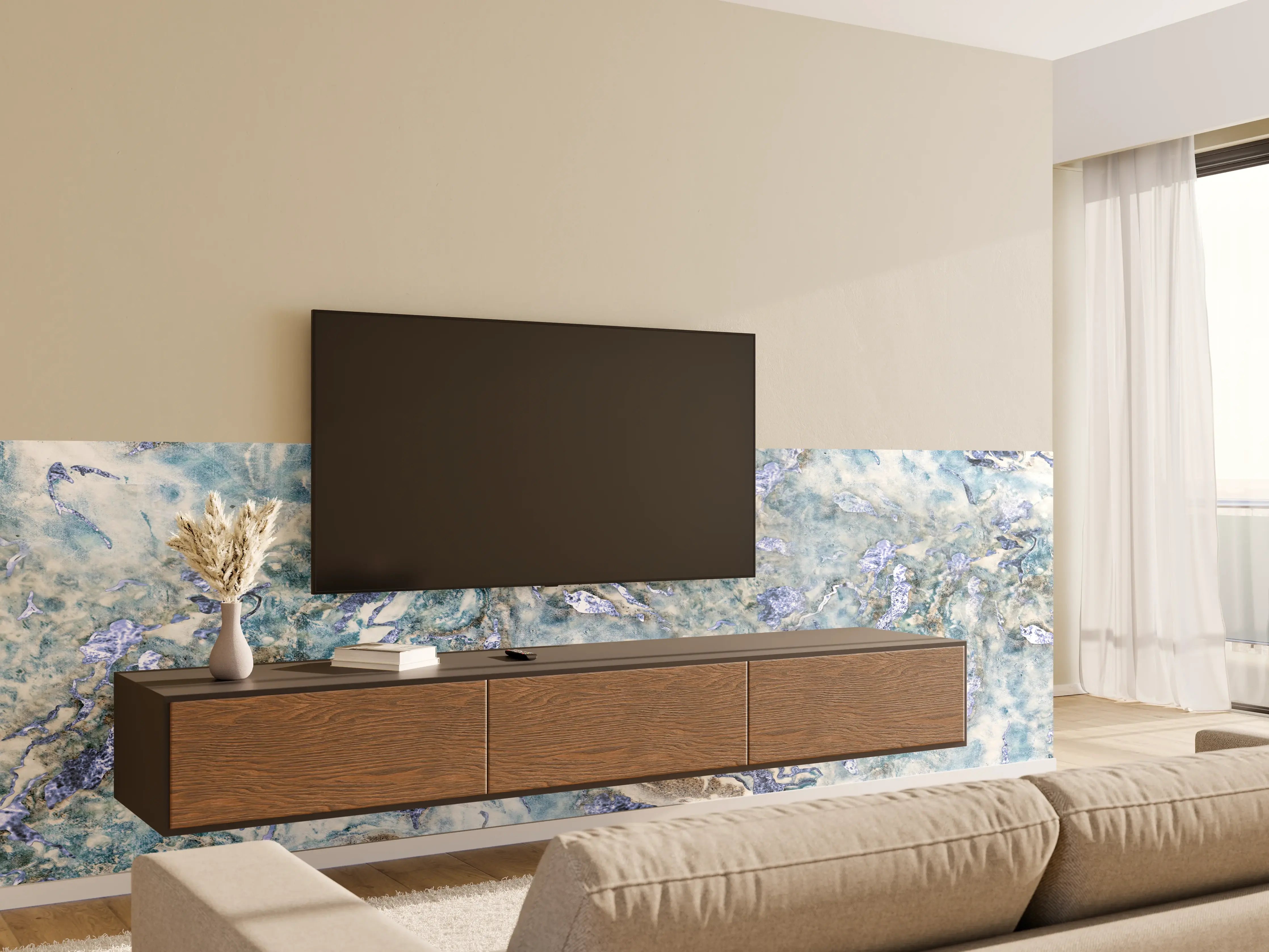 Wandverkleidung Wohnzimmer - Graue Marmoroptik Fliese mit Weißmotiven