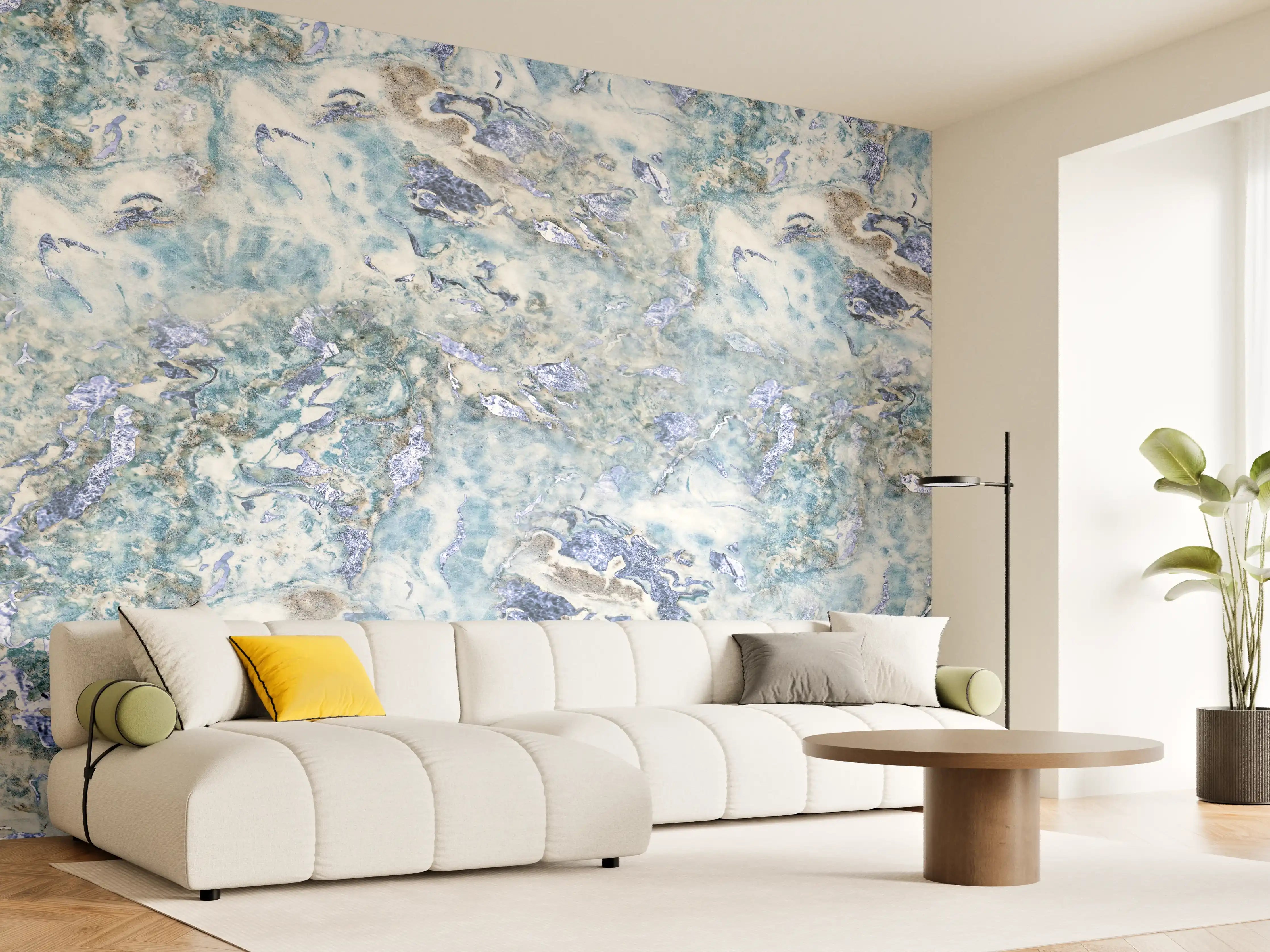 Wandverkleidung Wohnzimmer - Graue Marmoroptik Fliese mit Weißmotiven