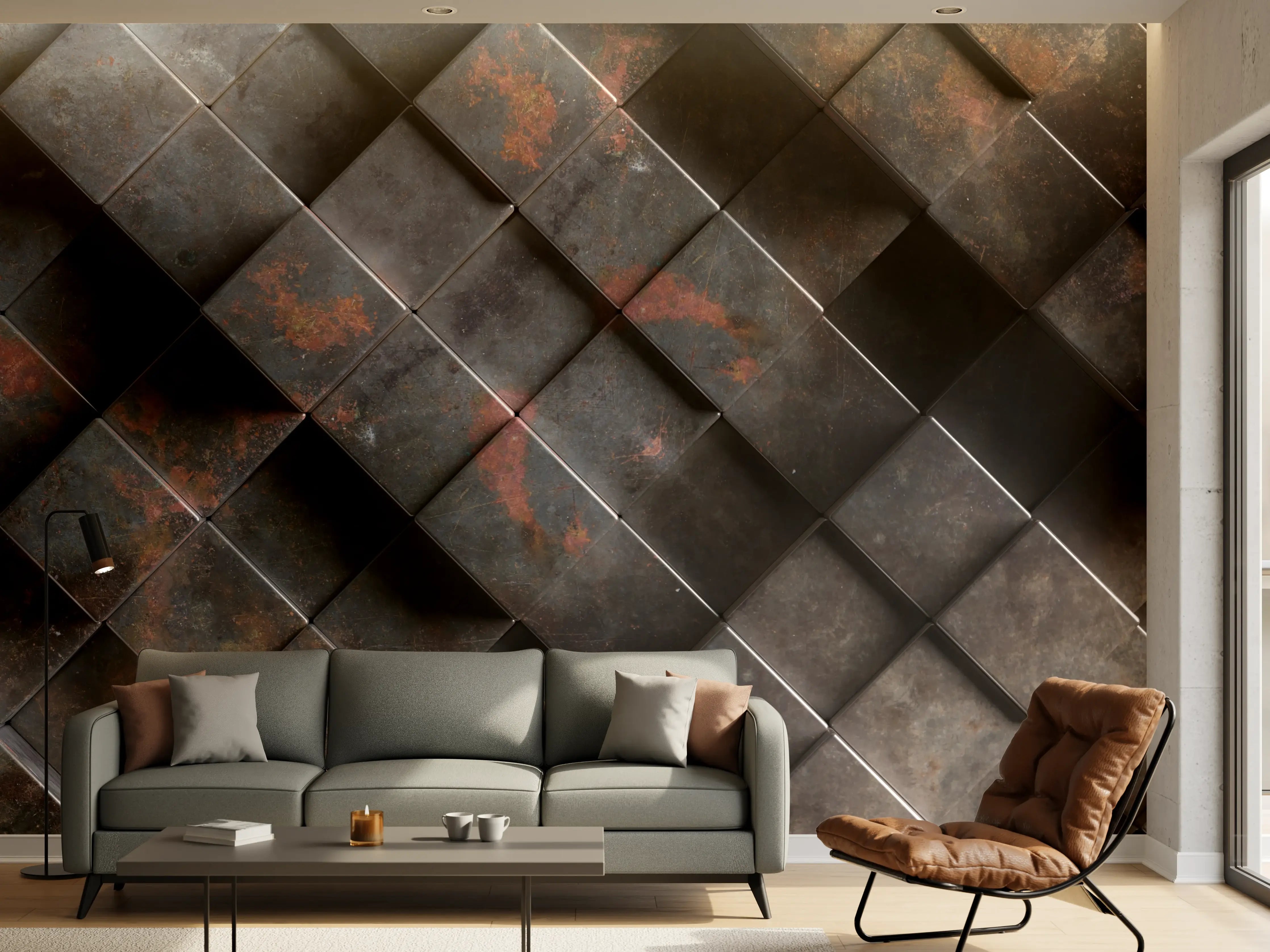 Wandverkleidung Wohnzimmer - Graue Metalloptik mit weißen Akzenten
