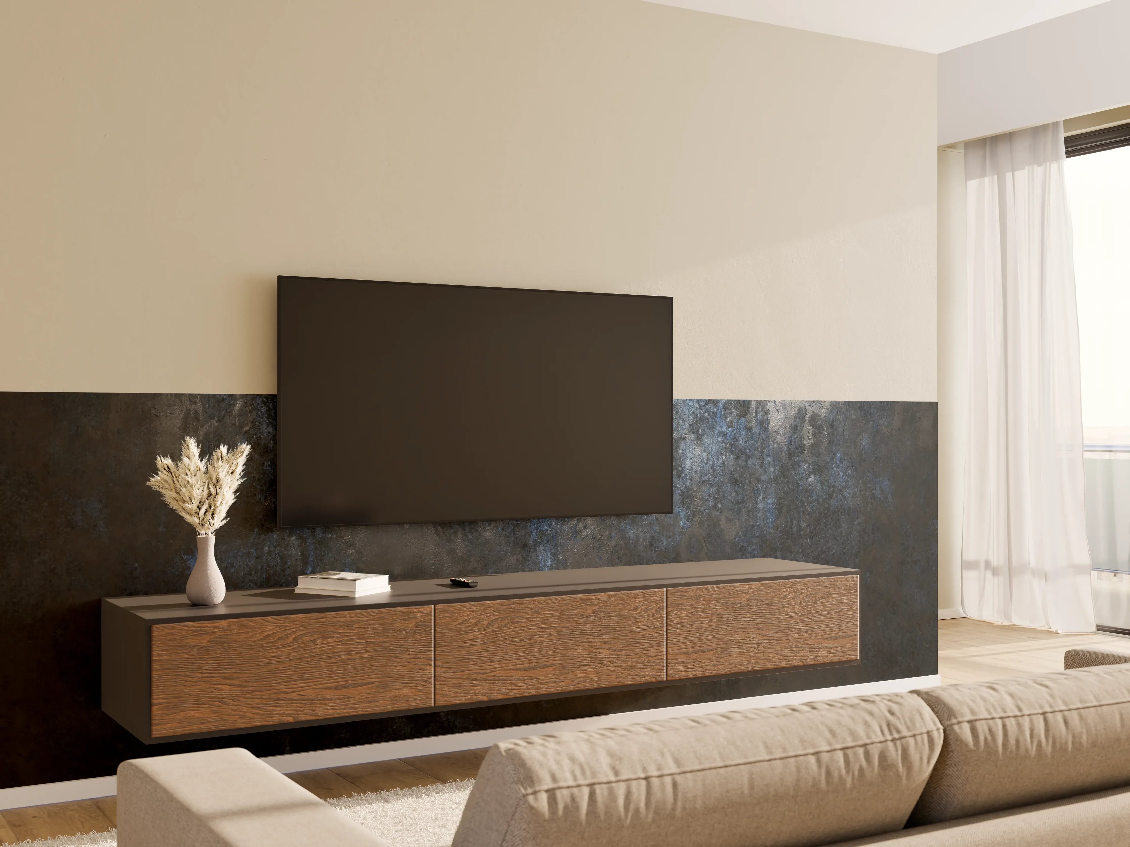 Wandverkleidung Wohnzimmer - Graue Metalltextur mit weißen Akzenten