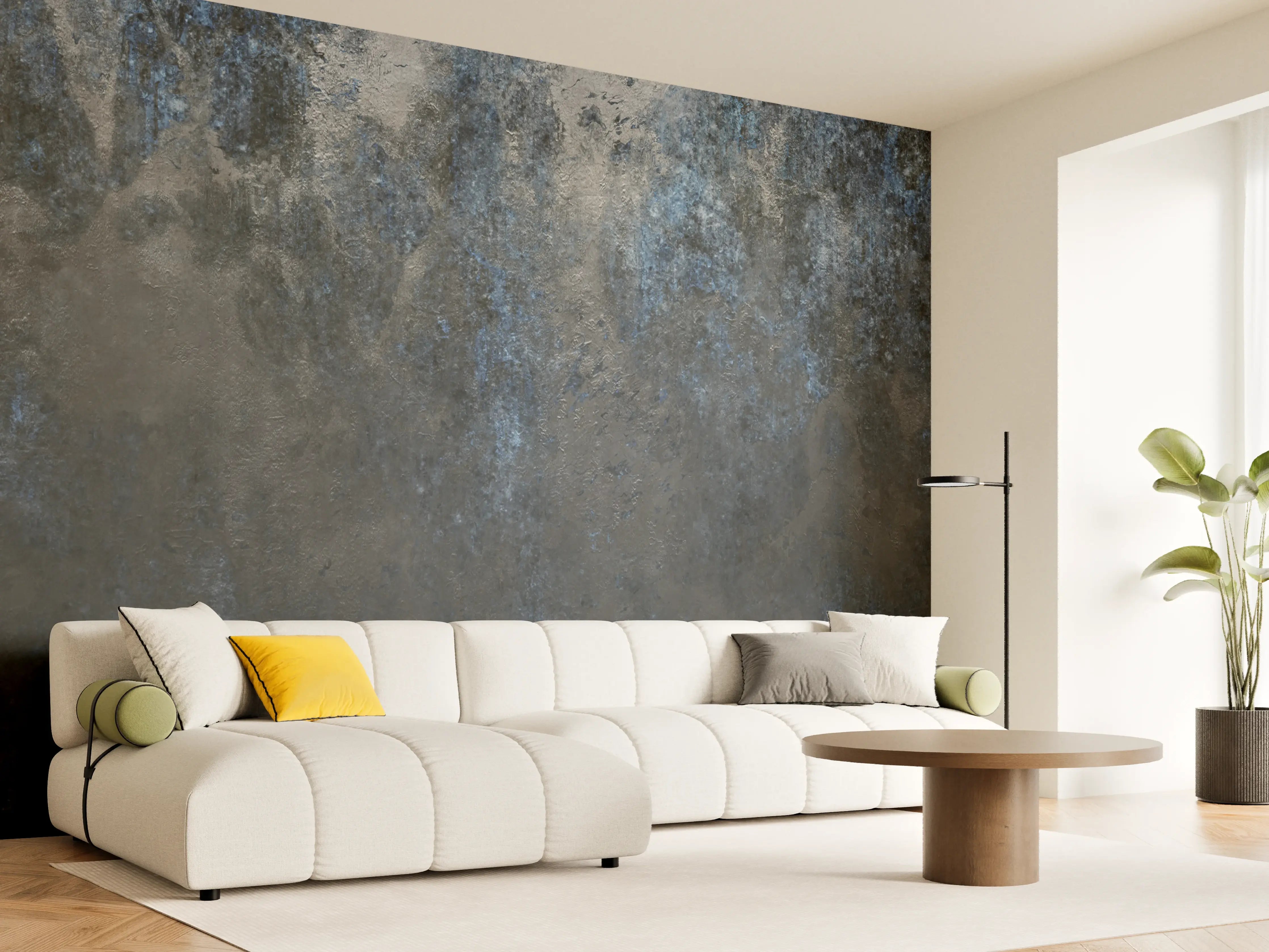 Wandverkleidung Wohnzimmer - Graue Metalltextur mit weißen Akzenten