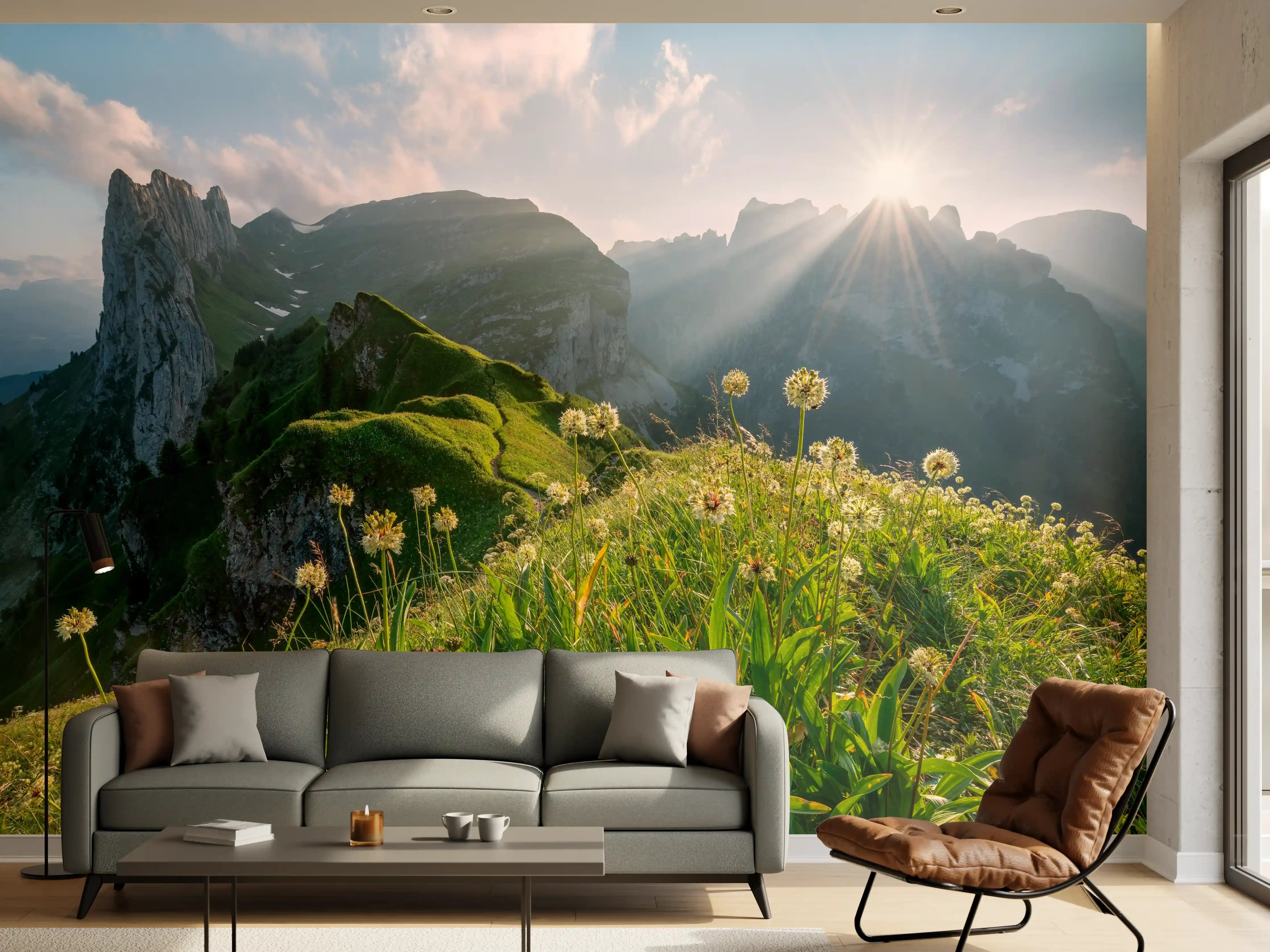 Wandverkleidung Wohnzimmer - Graue Morgenröte in Bergsilhouette