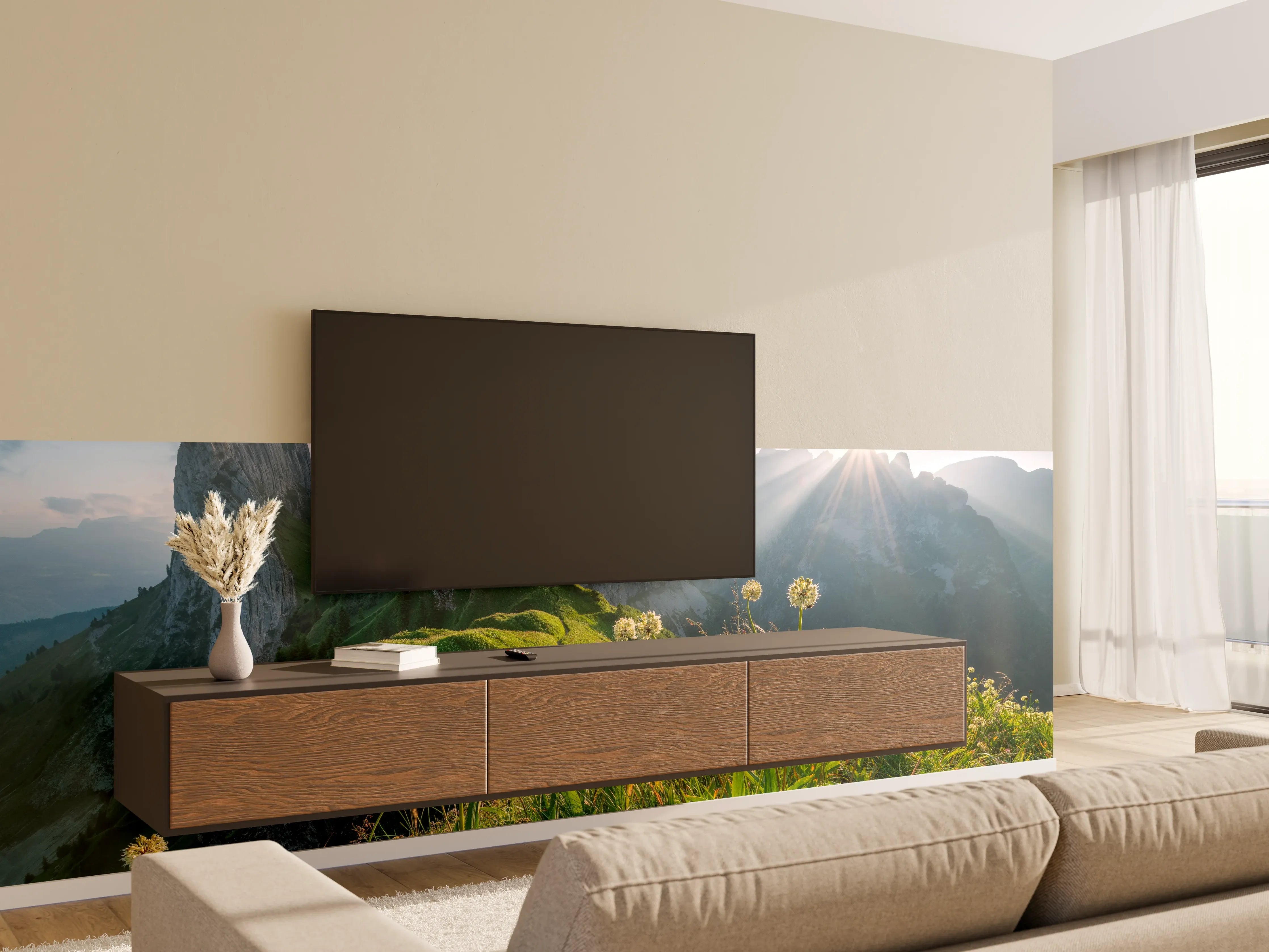 Wandverkleidung Wohnzimmer - Graue Morgenröte in Bergsilhouette