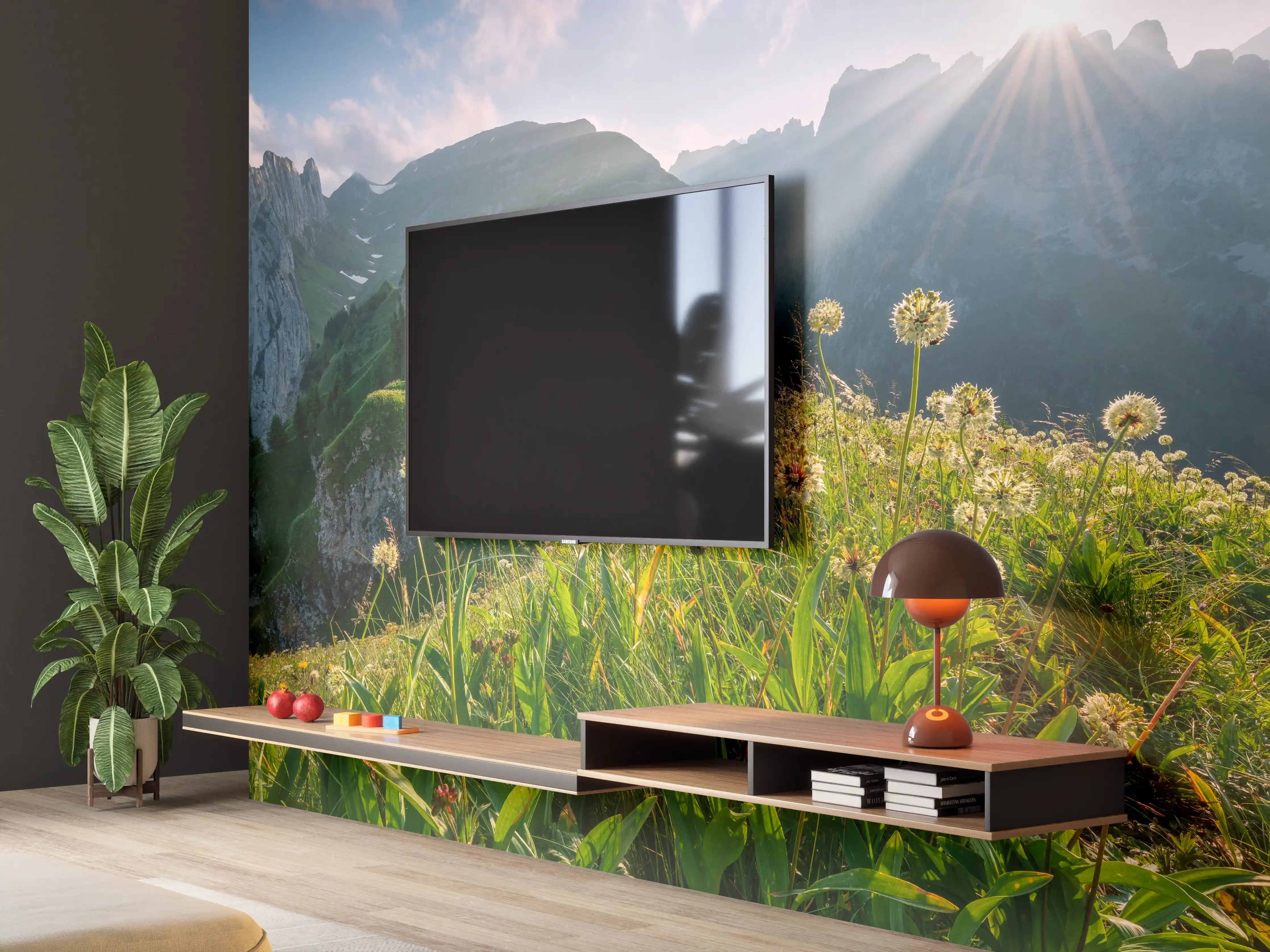 Wandverkleidung Wohnzimmer - Graue Morgenröte in Bergsilhouette