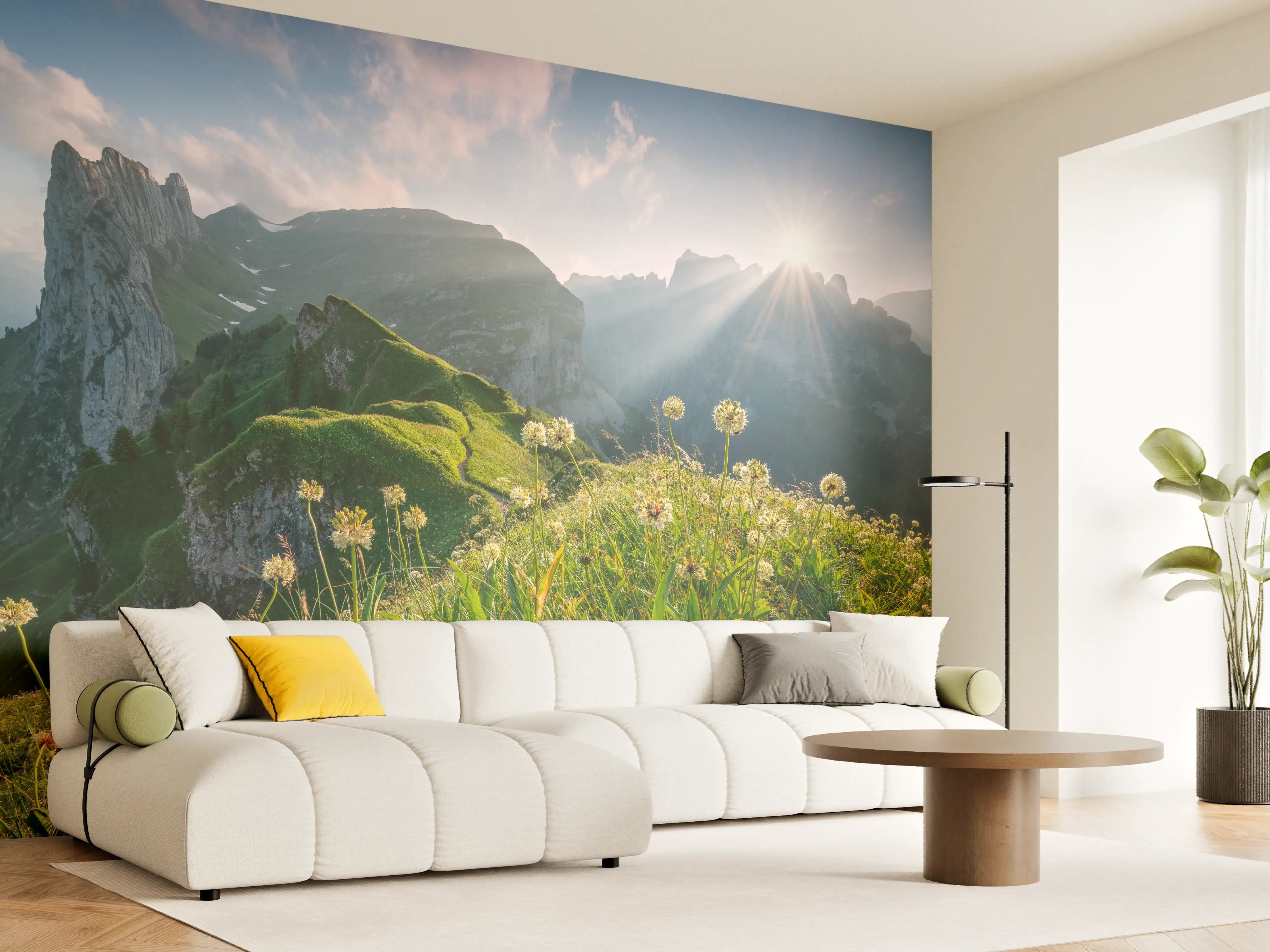 Wandverkleidung Wohnzimmer - Graue Morgenröte in Bergsilhouette