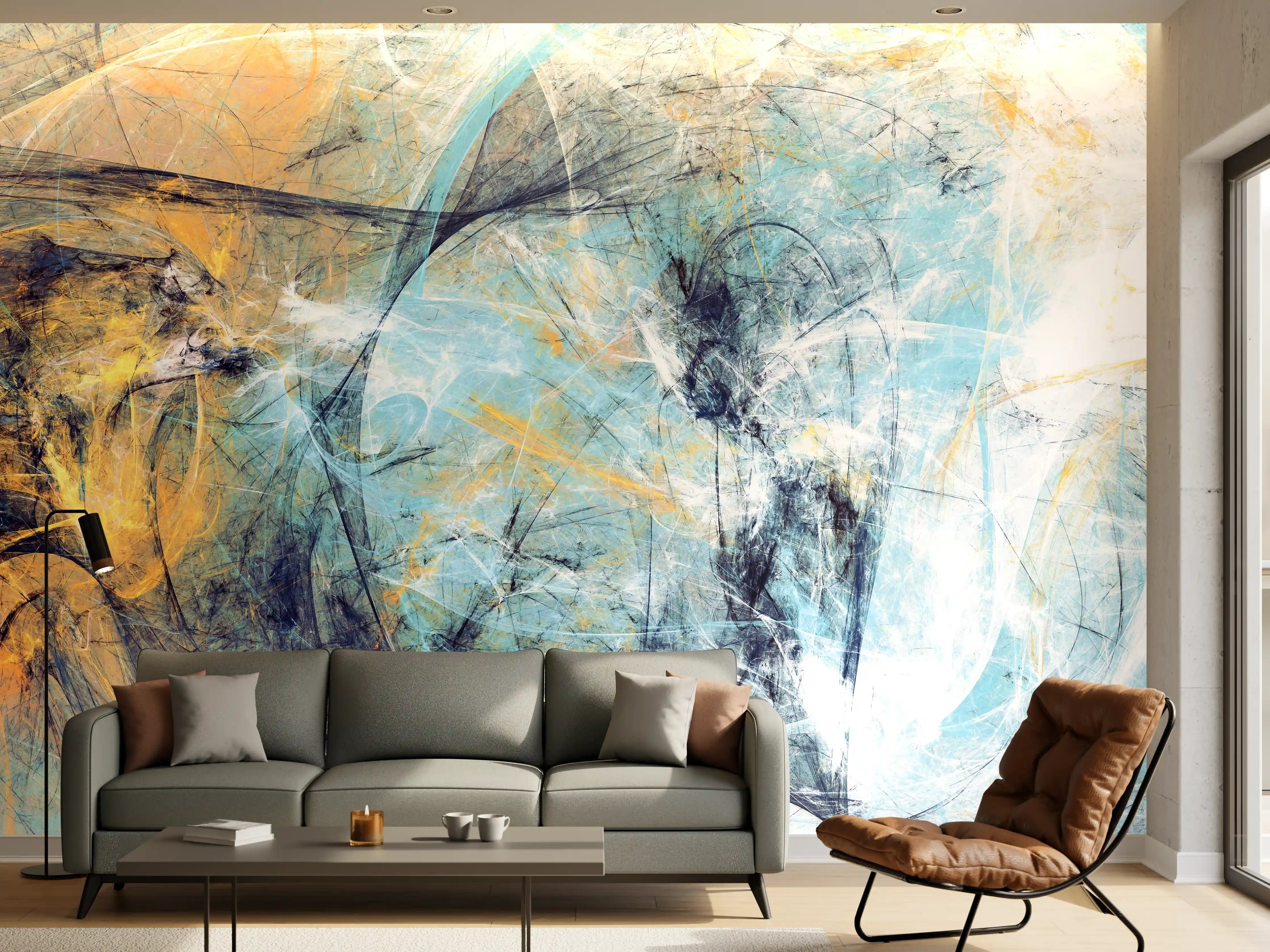 Wandverkleidung Wohnzimmer - Graue Nuancen in Blauer Goldkunst