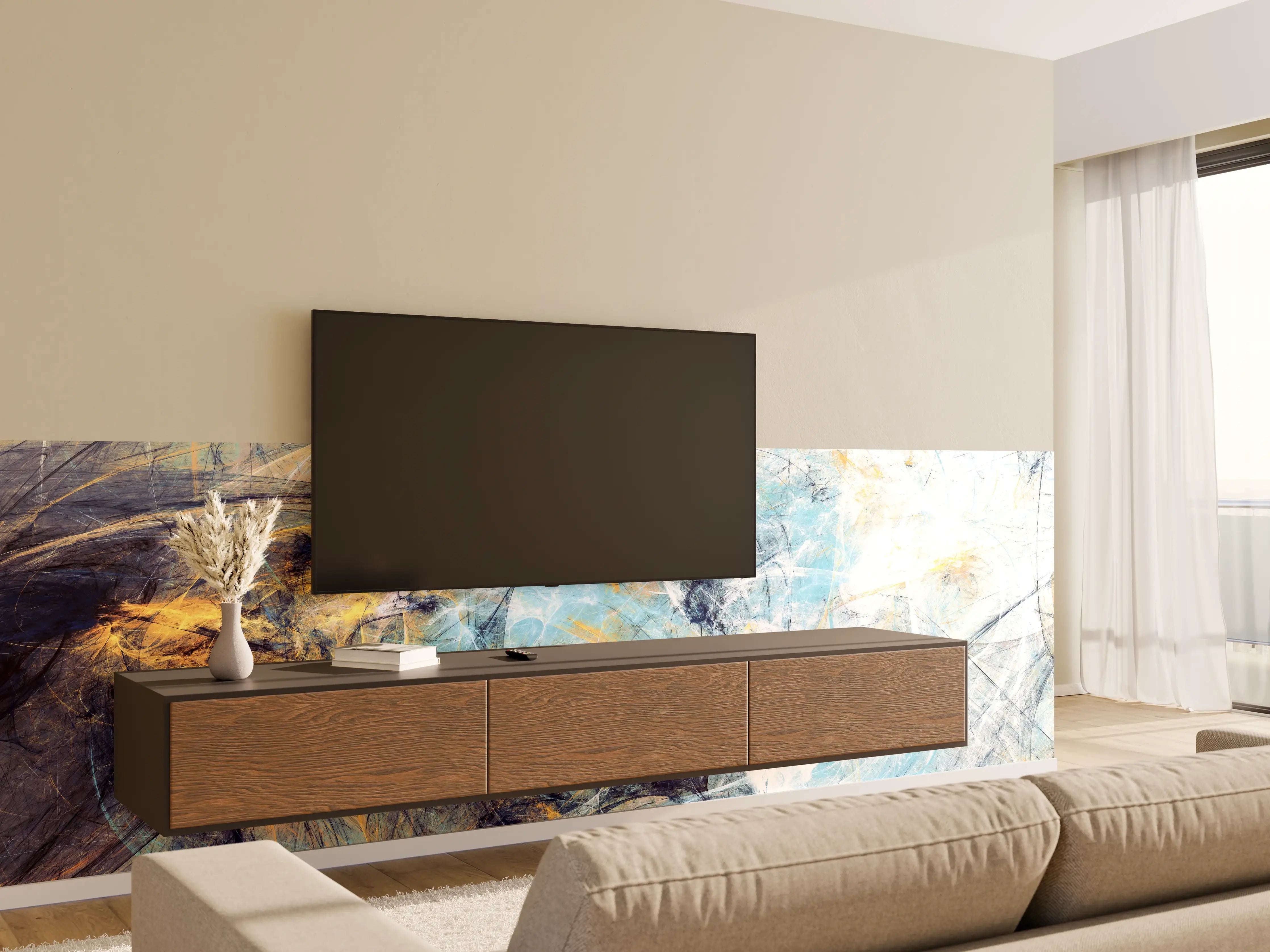 Wandverkleidung Wohnzimmer - Graue Nuancen in Blauer Goldkunst