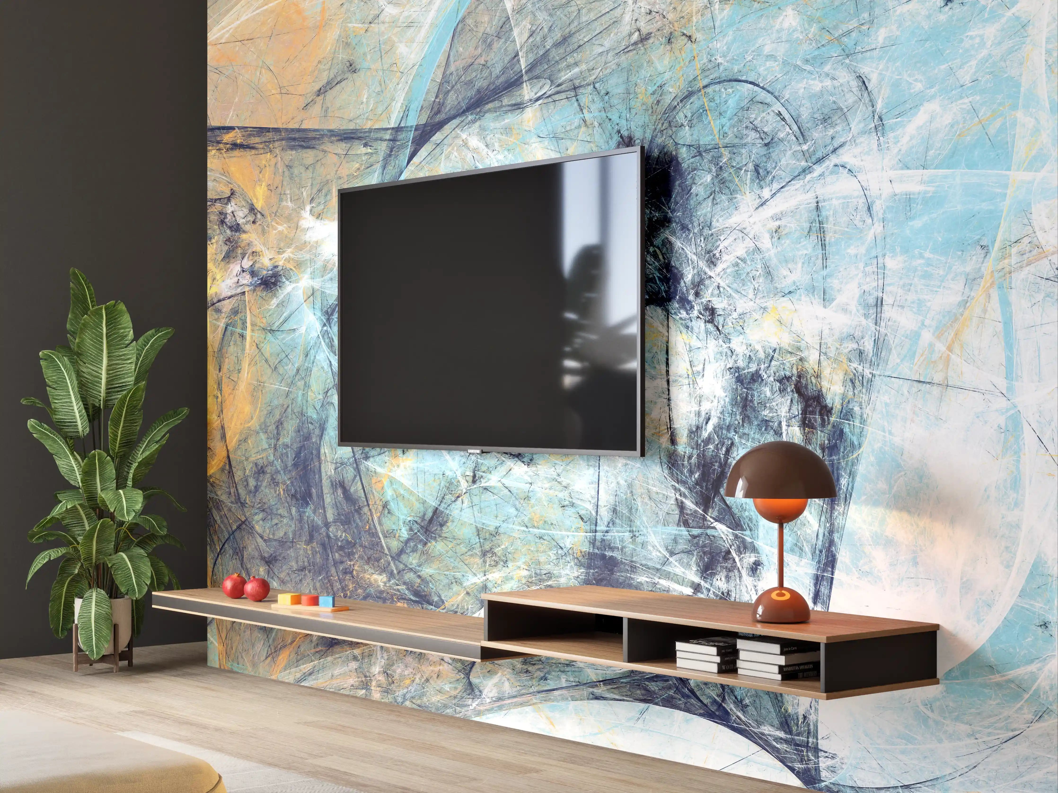 Wandverkleidung Wohnzimmer - Graue Nuancen in Blauer Goldkunst