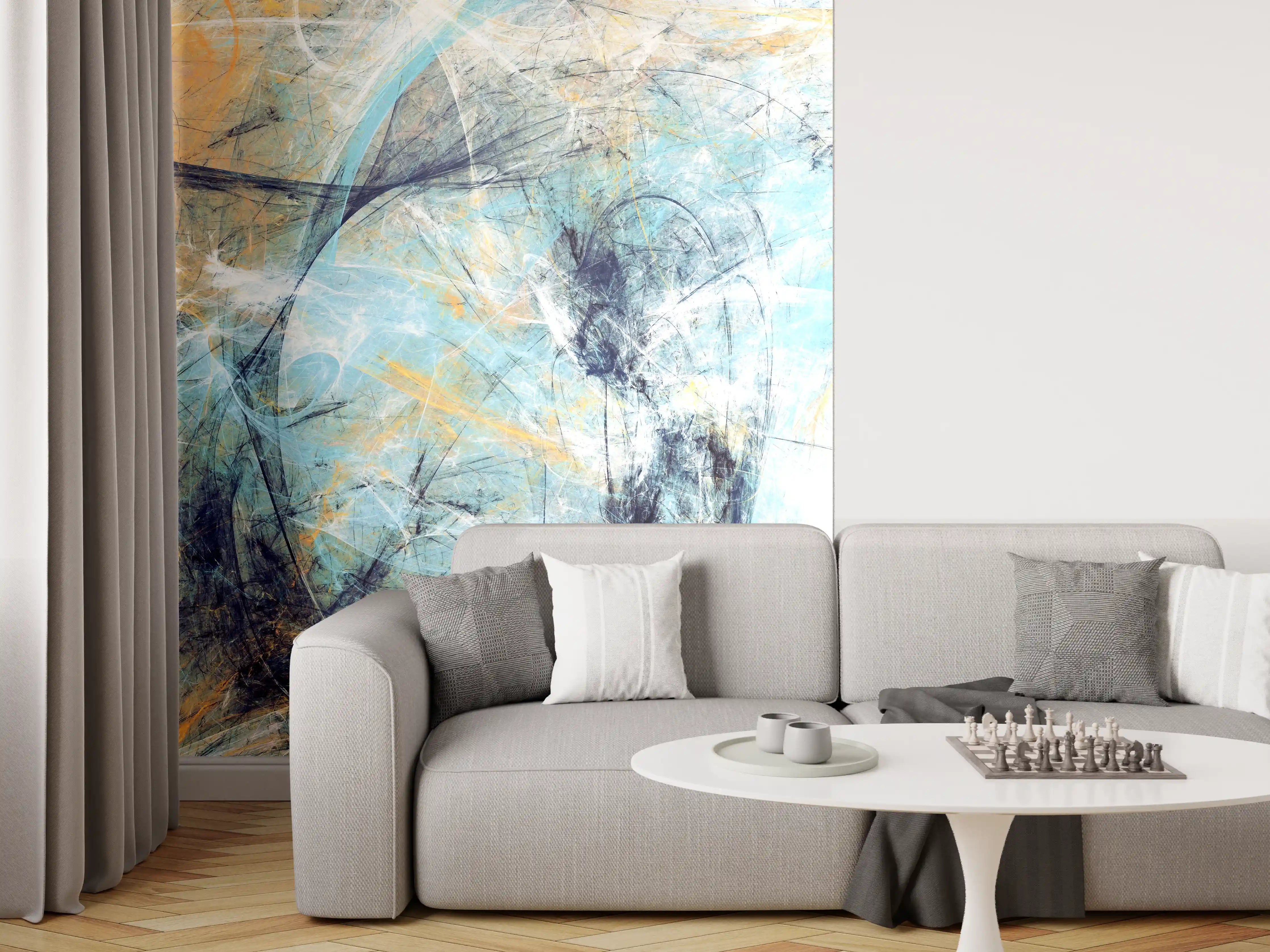 Wandverkleidung Wohnzimmer - Graue Nuancen in Blauer Goldkunst