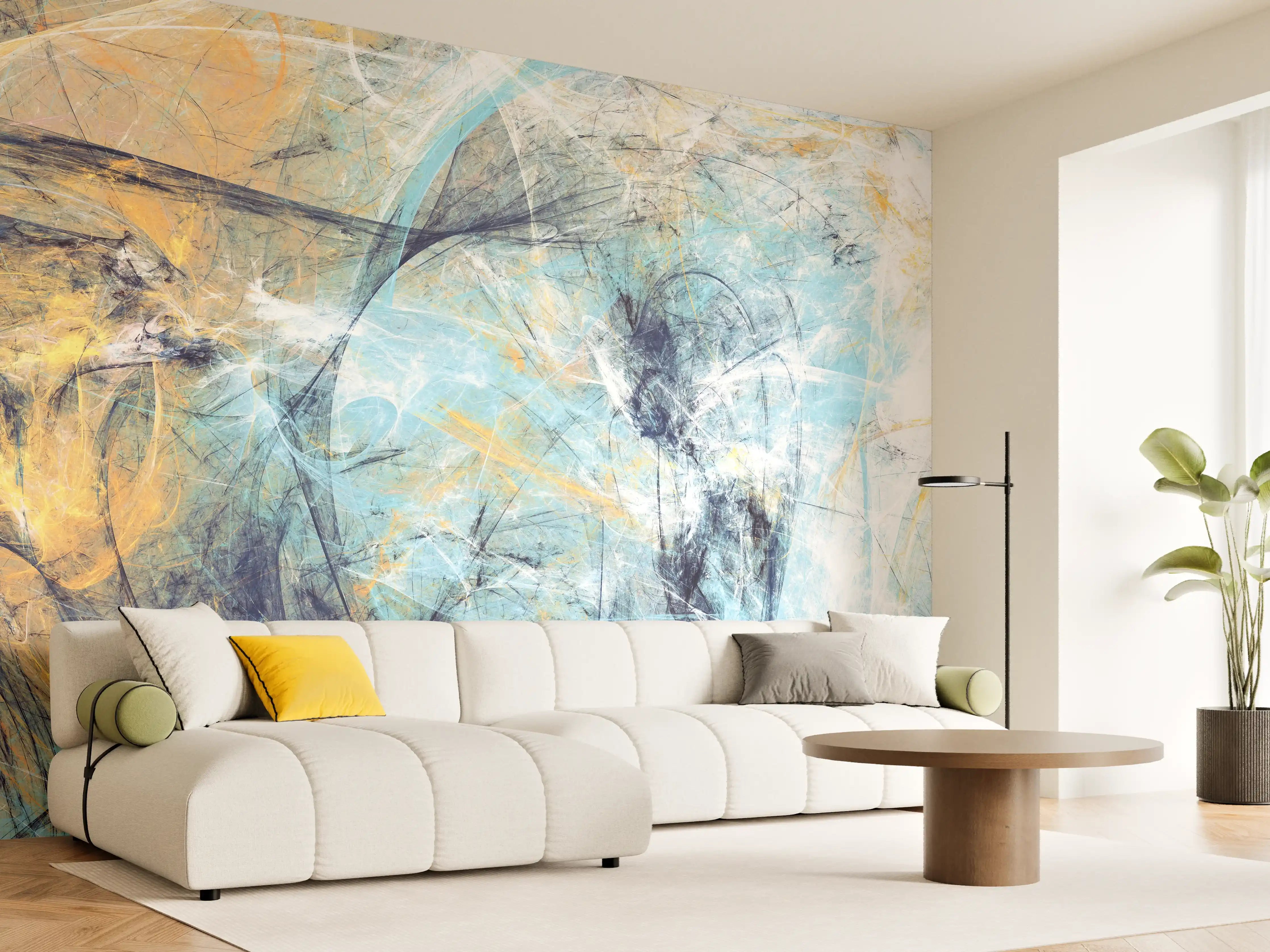 Wandverkleidung Wohnzimmer - Graue Nuancen in Blauer Goldkunst