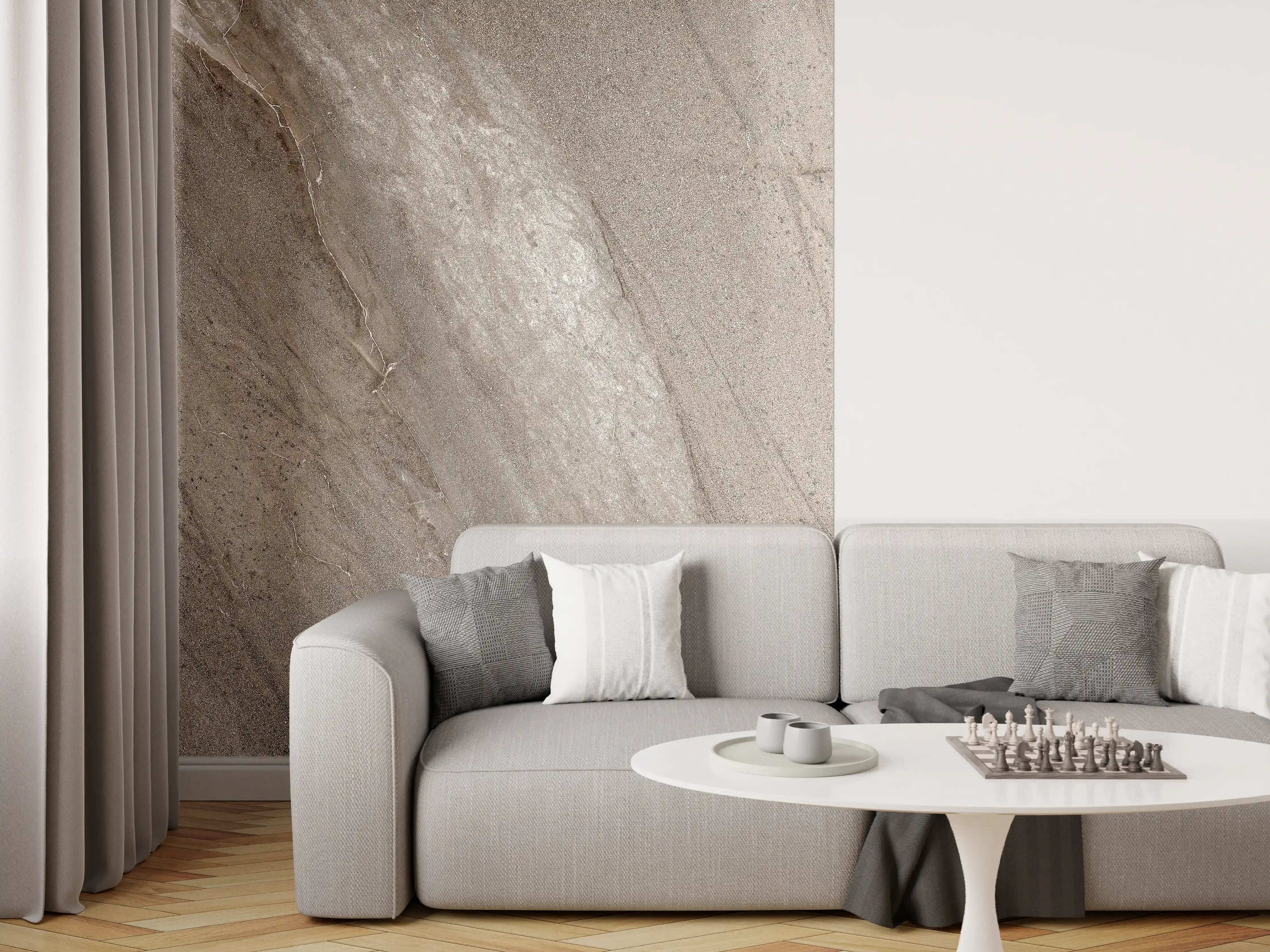 Wandverkleidung Wohnzimmer - Graue Nuancen in Weiß: Naturstein-Optik