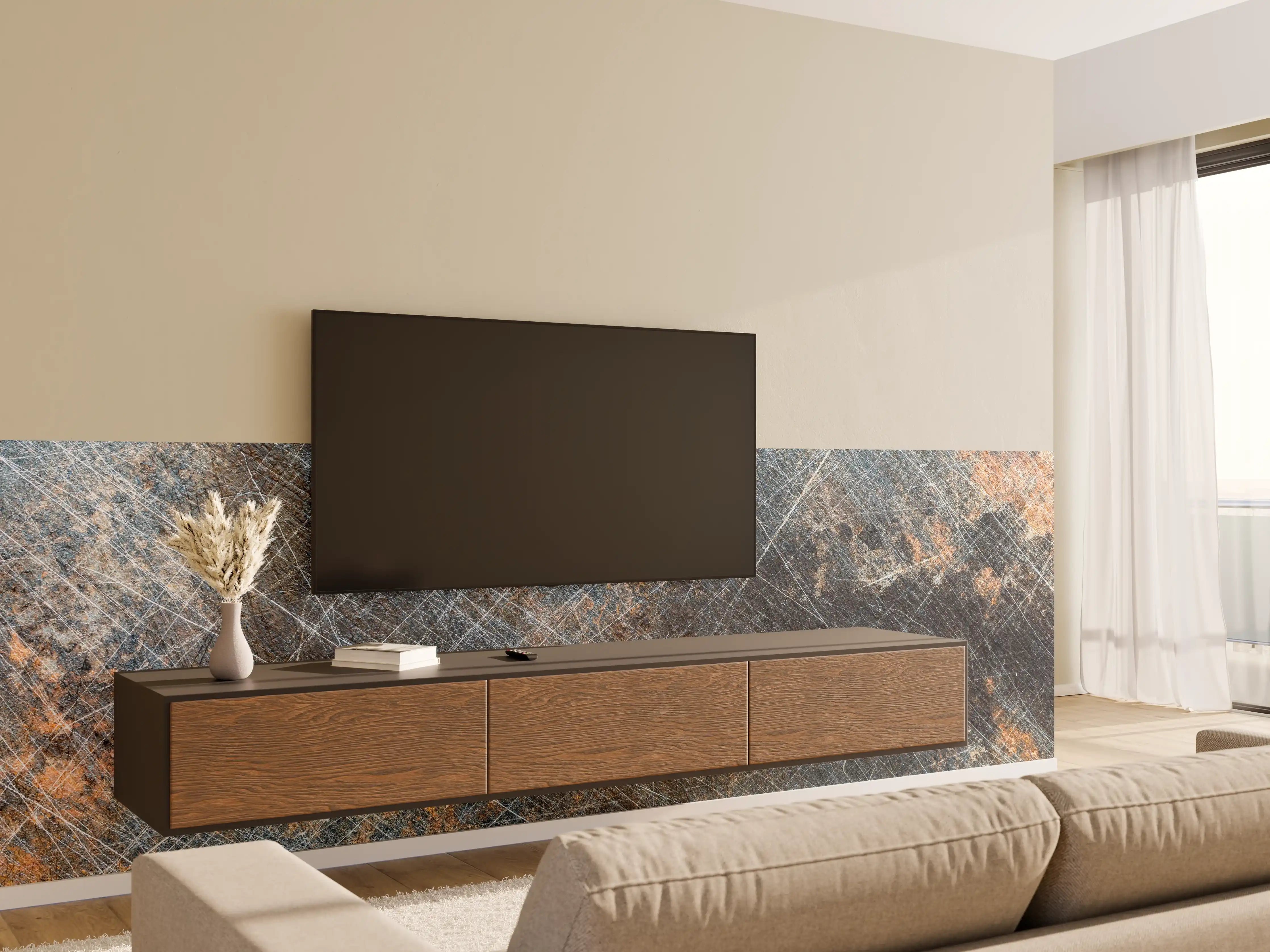 Wandverkleidung Wohnzimmer - Graue Patina auf rostigem Metall